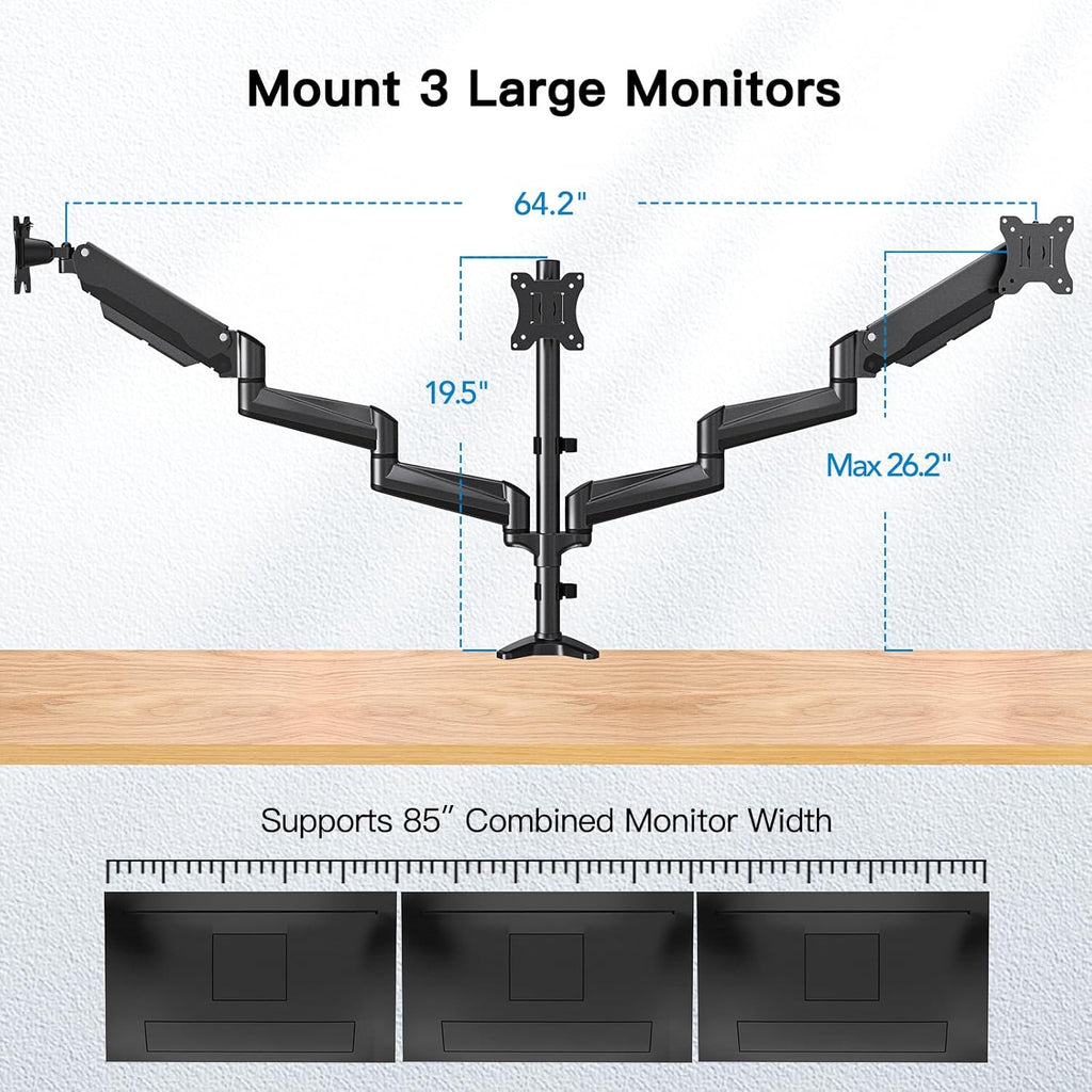 HUANUO Triple Monitor Stand – Gas Spring Desk Mount for 17-32 Inch Screens