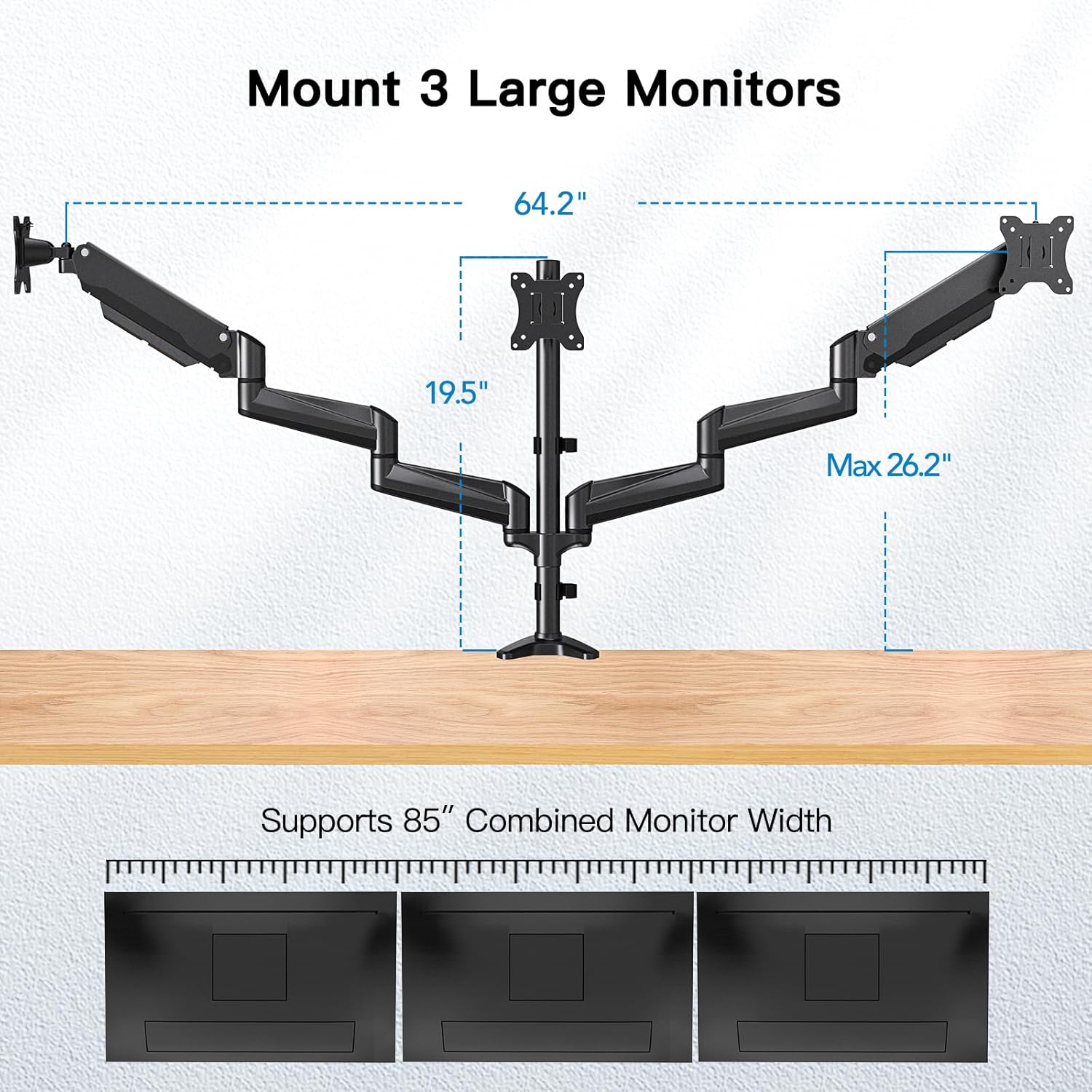 HUANUO Triple Monitor Stand – Gas Spring Desk Mount for 17-32 Inch Screens