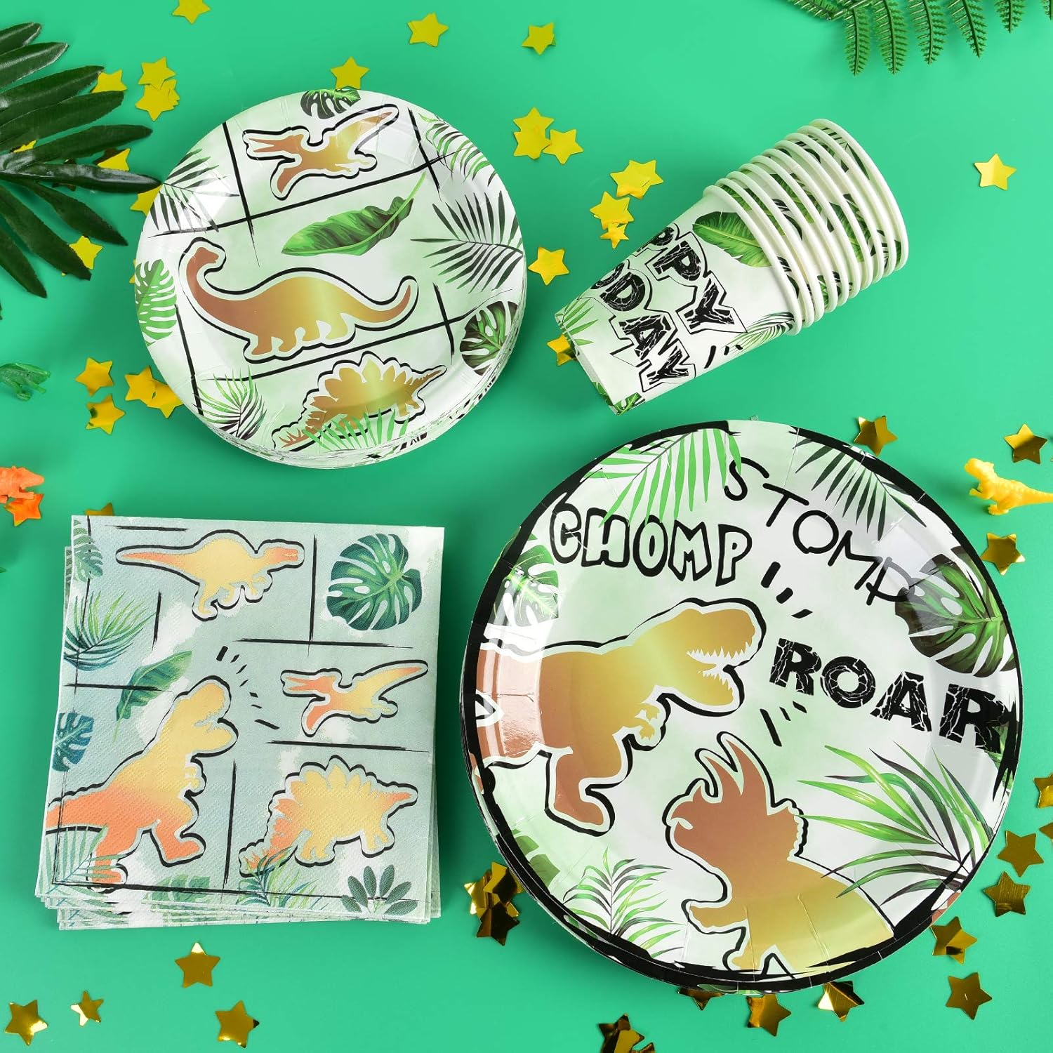 Massive Discounts Gold Dinosaur Party Tableware Set - 16 Guests 64pc