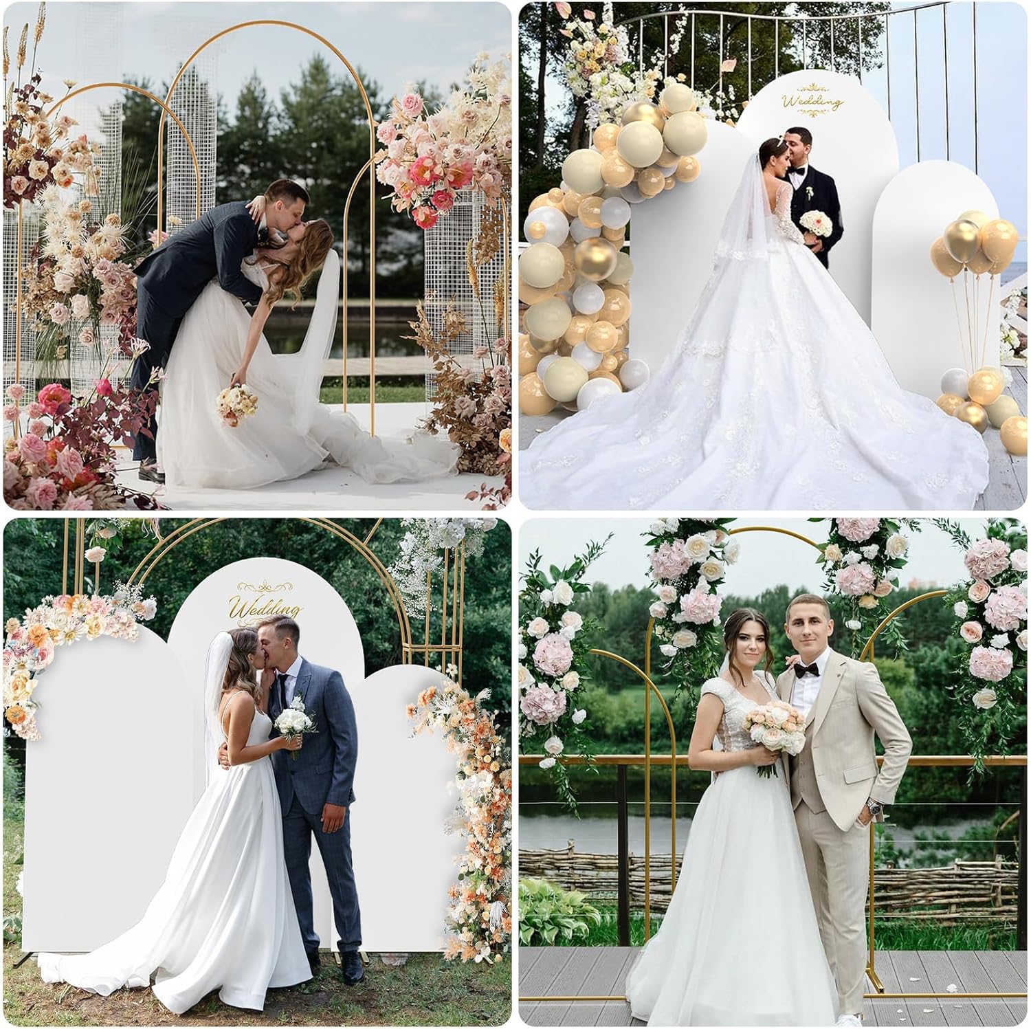 TopDirect Gold Metal Arch Backdrop Stand Set with 3 White Spandex Covers
