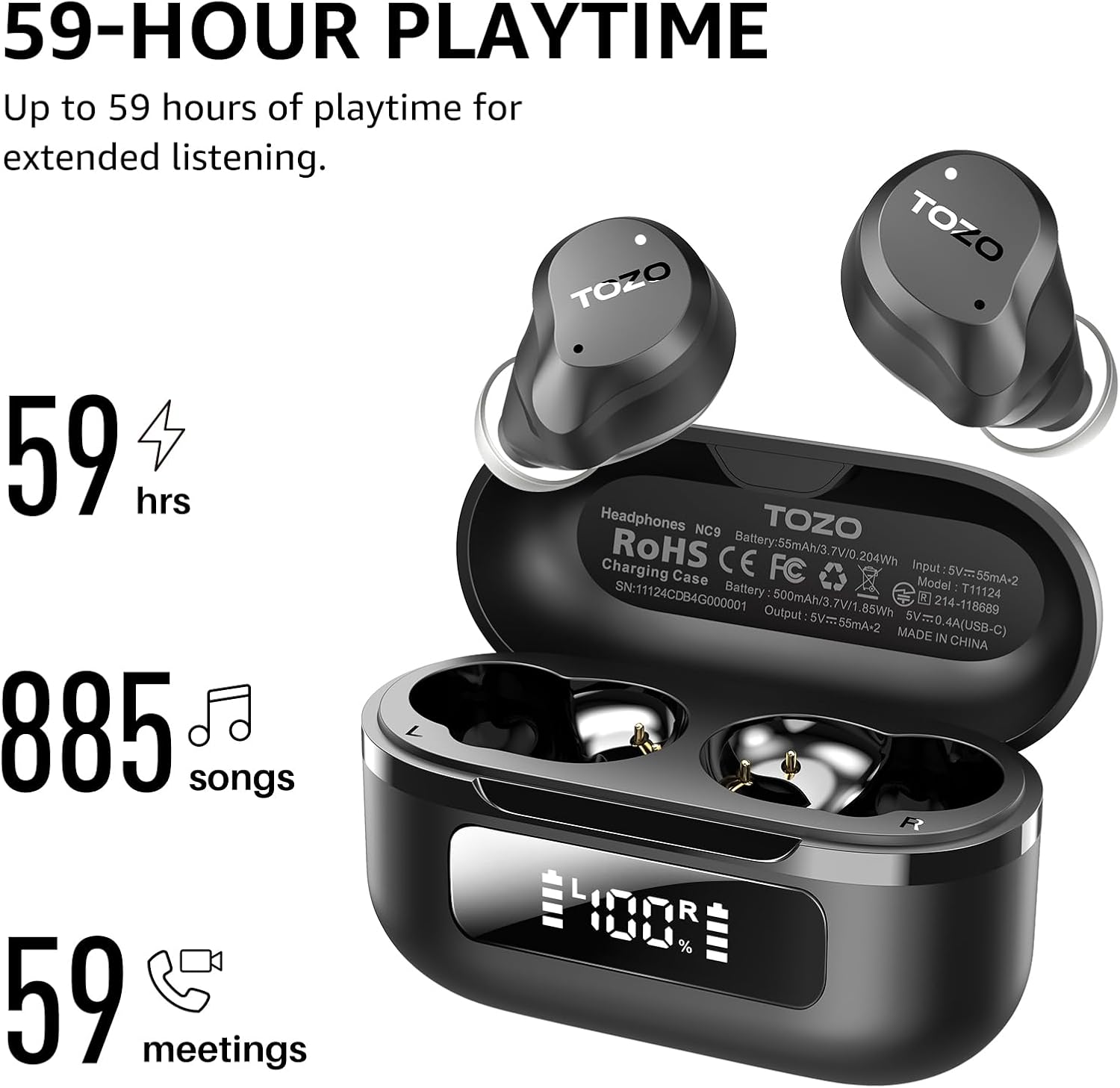 TOZO Hybrid Active Noise Cancelling Wireless Earbuds – 59H Playtime