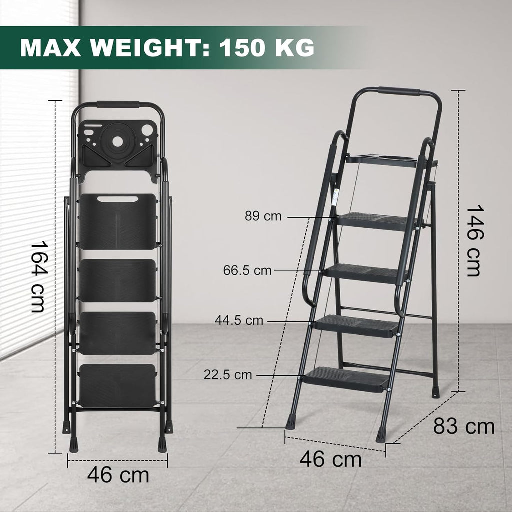 EPROSMIN 4-Step Folding Ladder with Handrails and Tool Tray – Steel