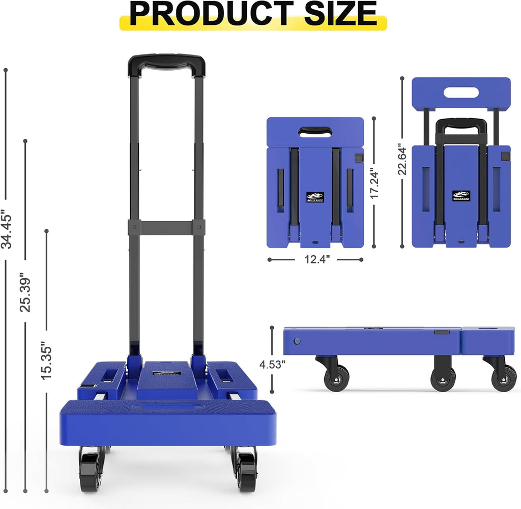 SOLEJAZZ Folding Hand Truck – 500LB Heavy Duty 6-Wheel Luggage Cart