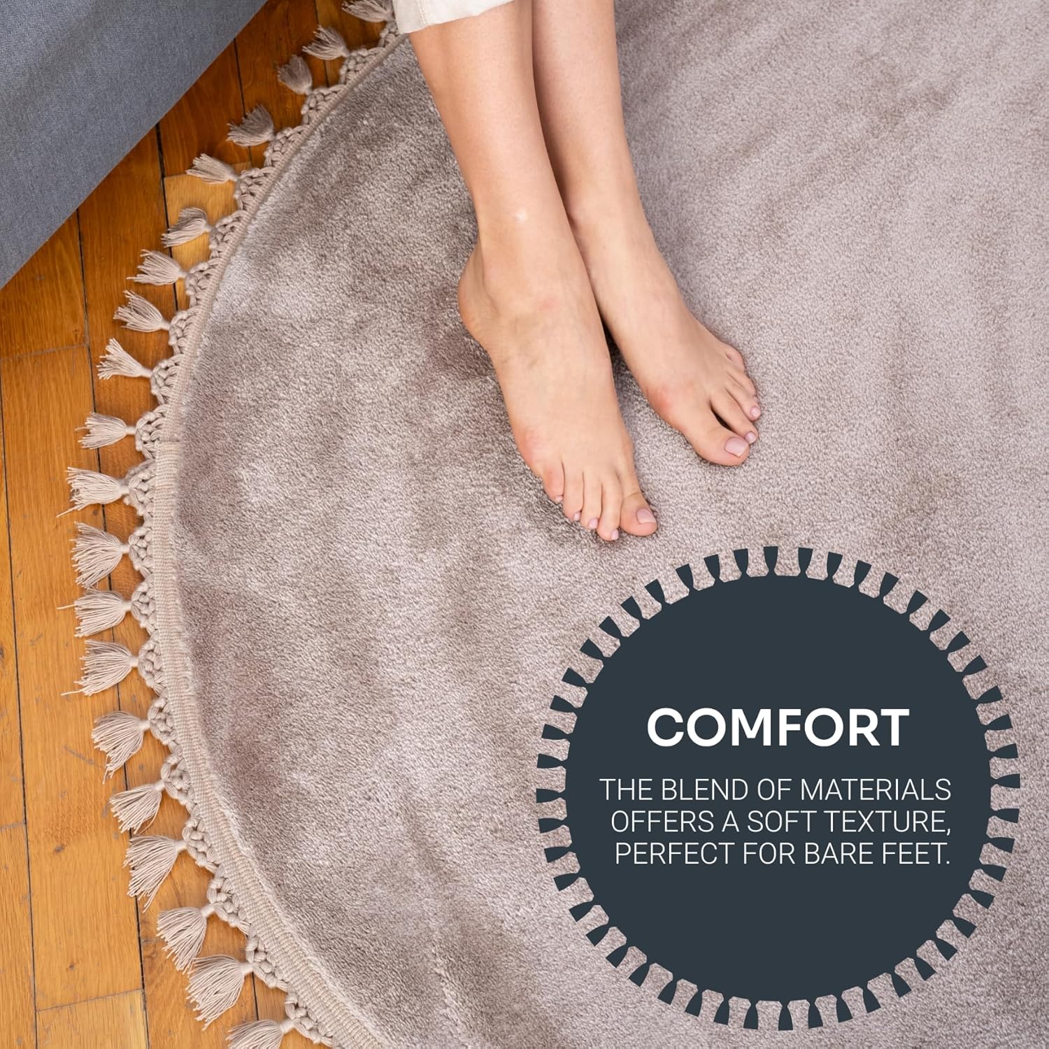 Massive Discounts Circular Bedroom Rug – 120cm Soft Fluffy Beige Carpet