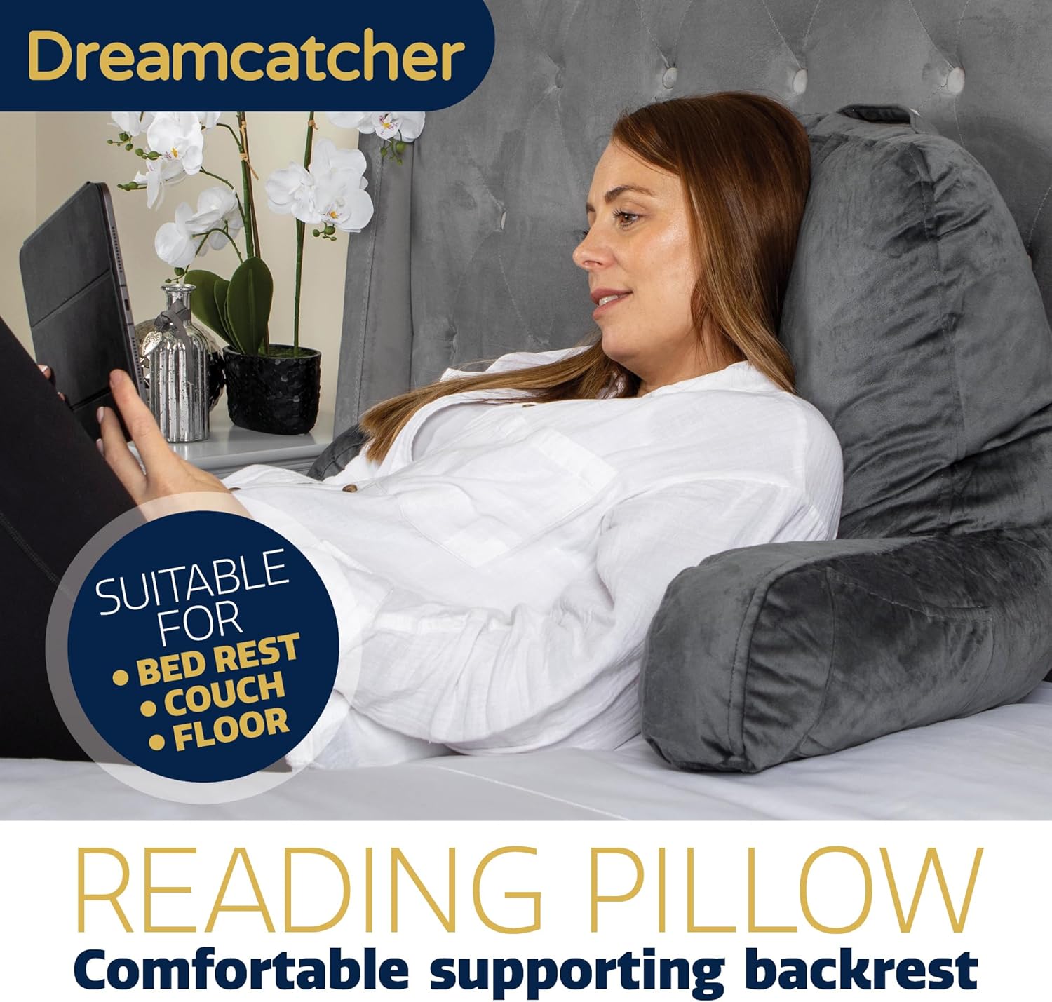 Dreamcatcher Grey Memory Foam Reading Pillow with Arm Support