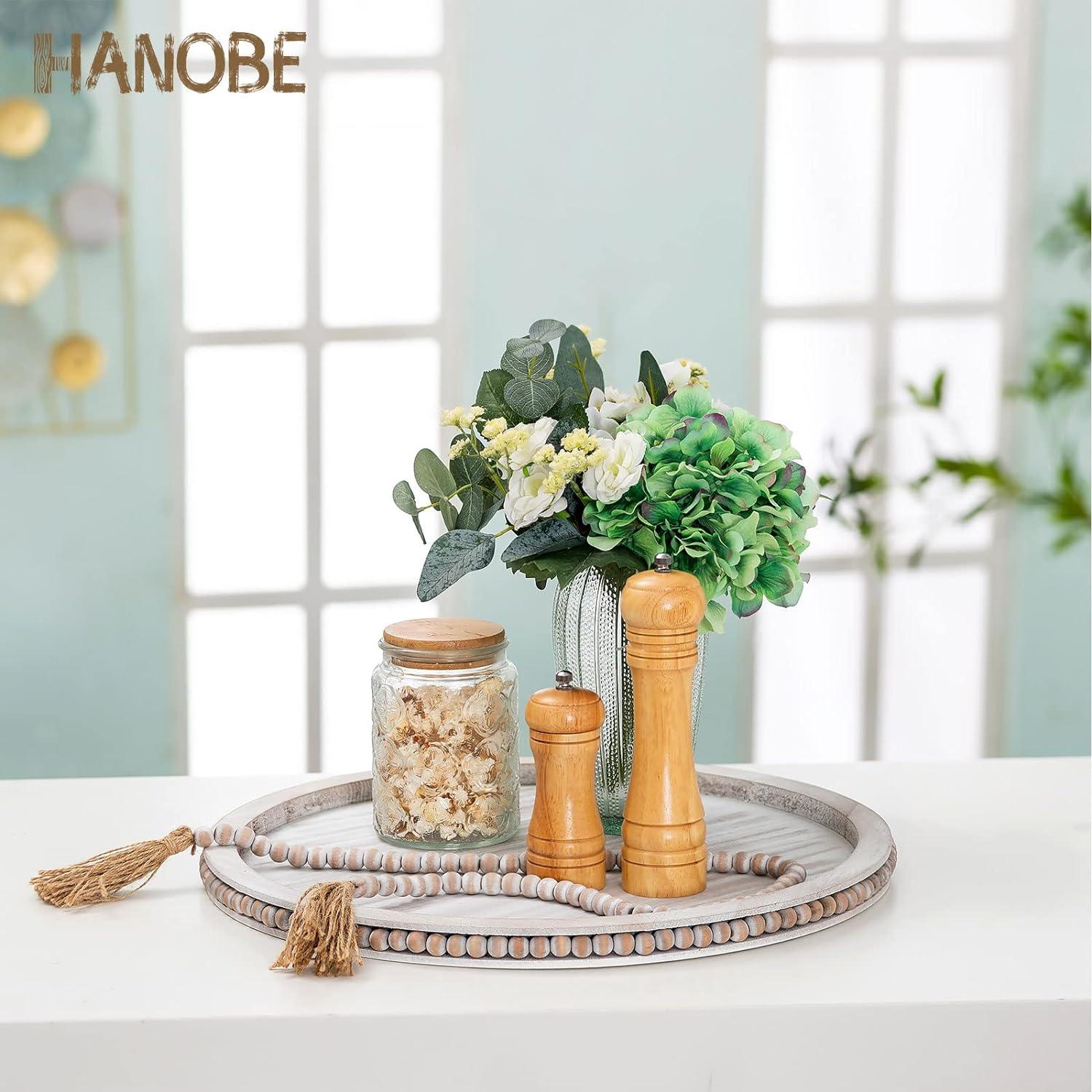 HANOBE 18 Inch Round Wooden Tray | Beaded Boho Coffee Table Centerpiece