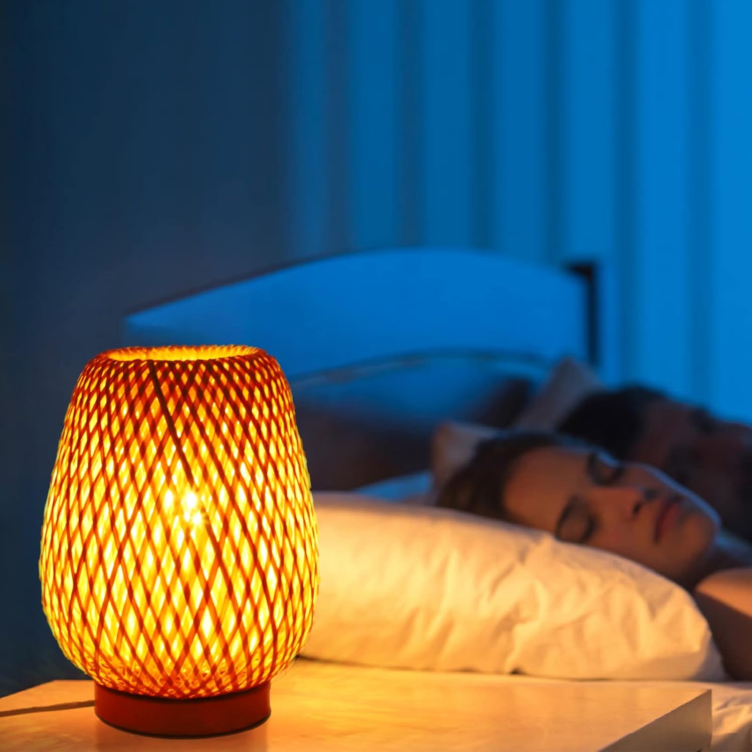 Schindora Bamboo Table Lamp – Handmade Wicker Boho Bedside Light