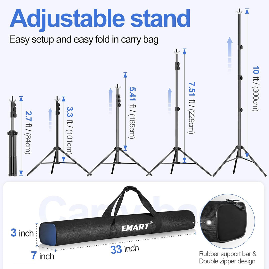 EMART 3x3m Backdrop Stand Kit - Adjustable Photo Studio Support with 8 Clamps