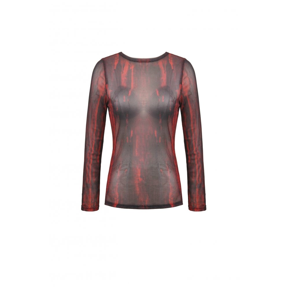 Dark in Love Carson Black and Red Tie-Dye Mesh Gothic Basic Top