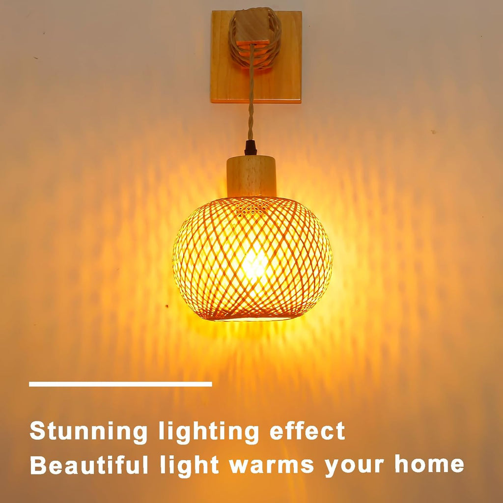 Schindora Handwoven Bamboo Wall Light – Boho Rattan E27 Indoor Sconce