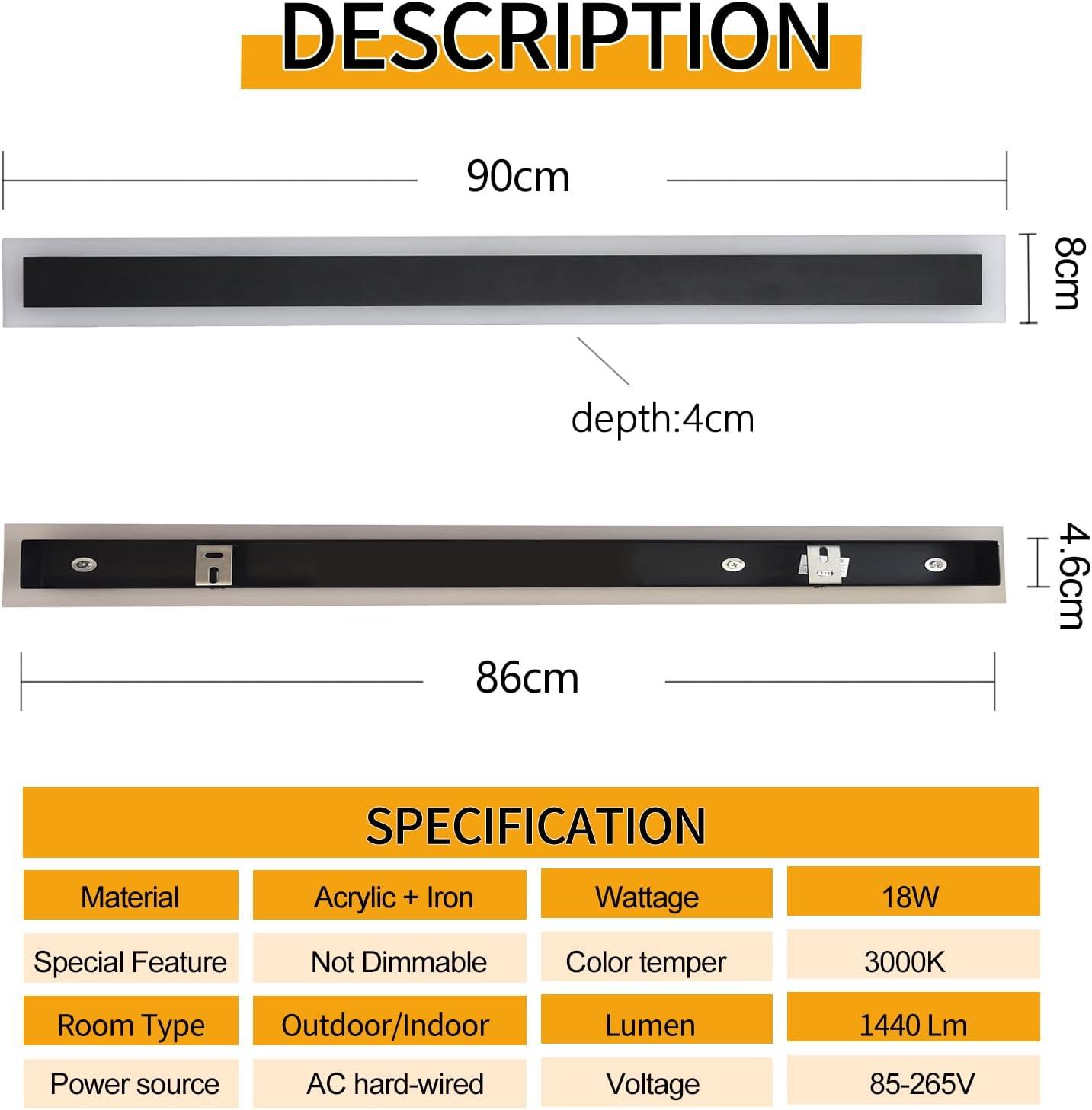 YAOWSZM 90cm Modern Outdoor LED Wall Light – Black Waterproof 18W Sconce