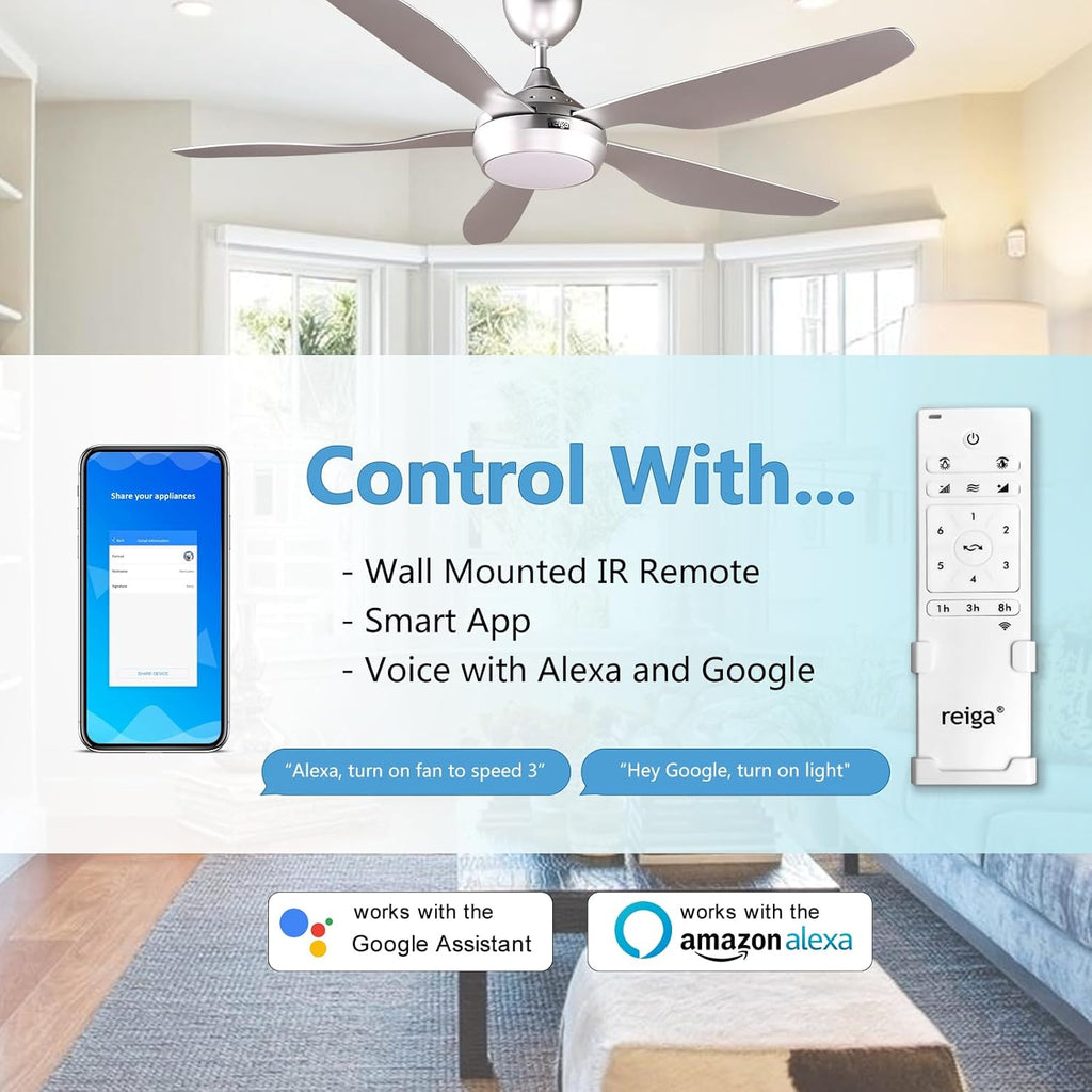 Reiga 137cm Smart Ceiling Fan | Dimmable LED & Remote Control Silver