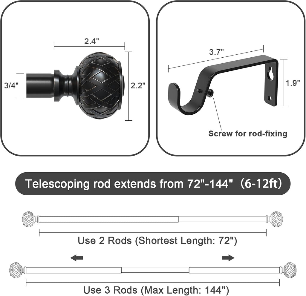 SZXIMU Extendable Curtain Pole | 182-365cm Black Metal Rod | 2pcs
