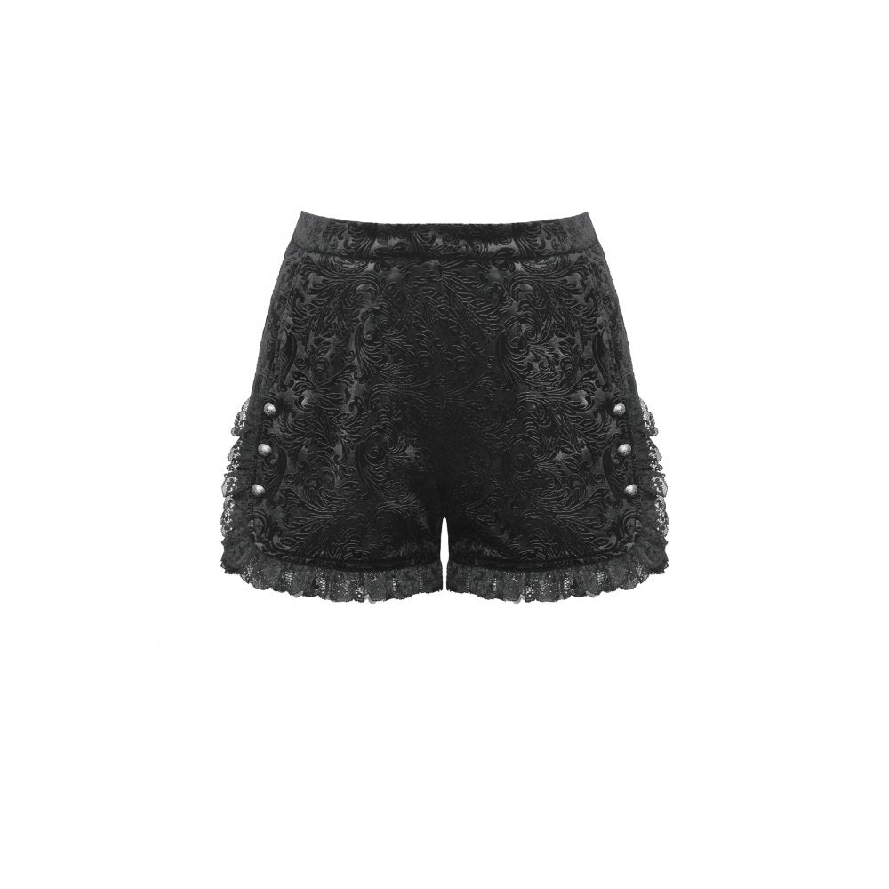 Dark in Love Venus Black Velvet Floral Embossed Gothic Shorts with Lace