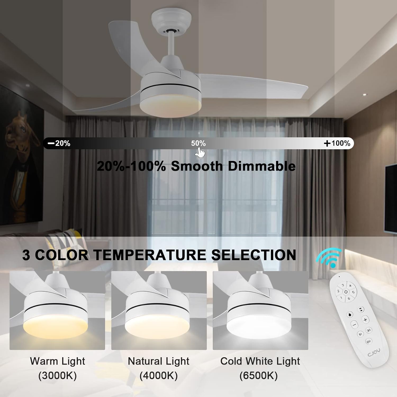 CJOY 42" White Ceiling Fan with Light | Quiet DC Motor & Remote Control