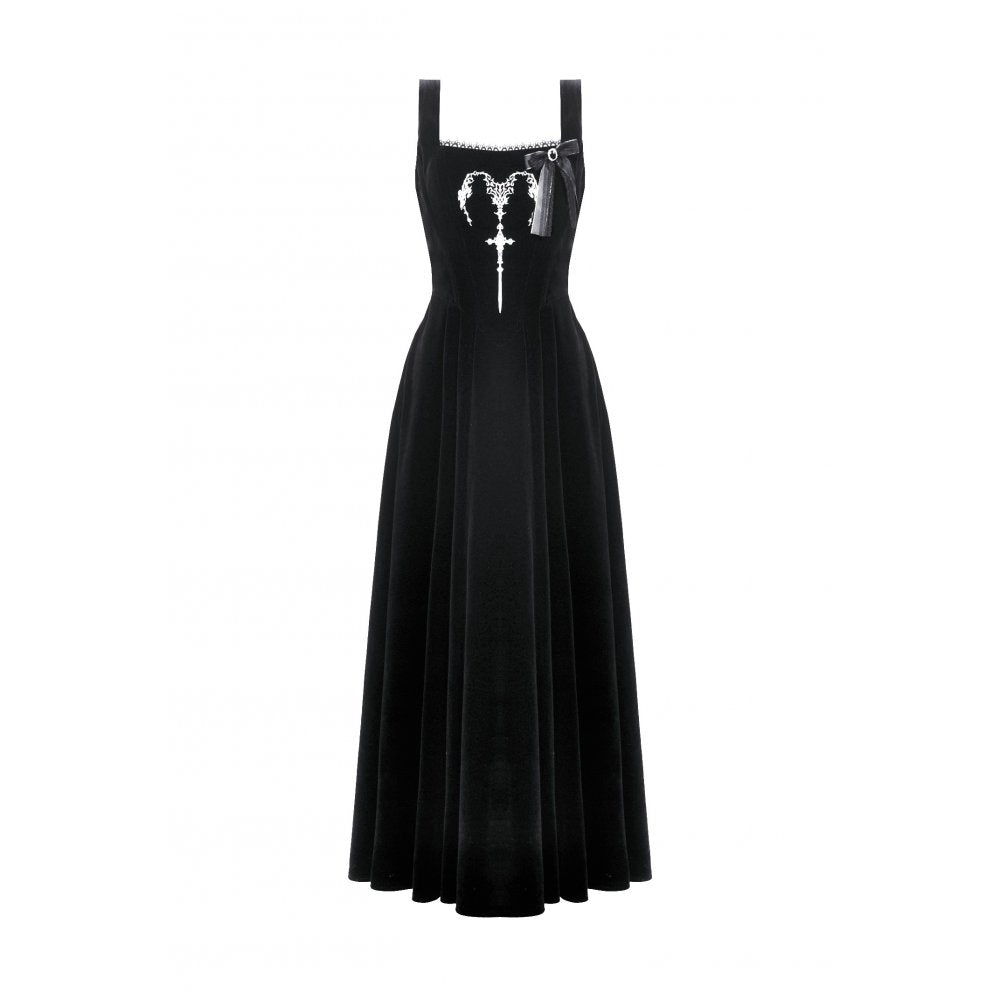 Dark in Love Lux Black Velvet Horn Embroidery Gothic Maxi Dress