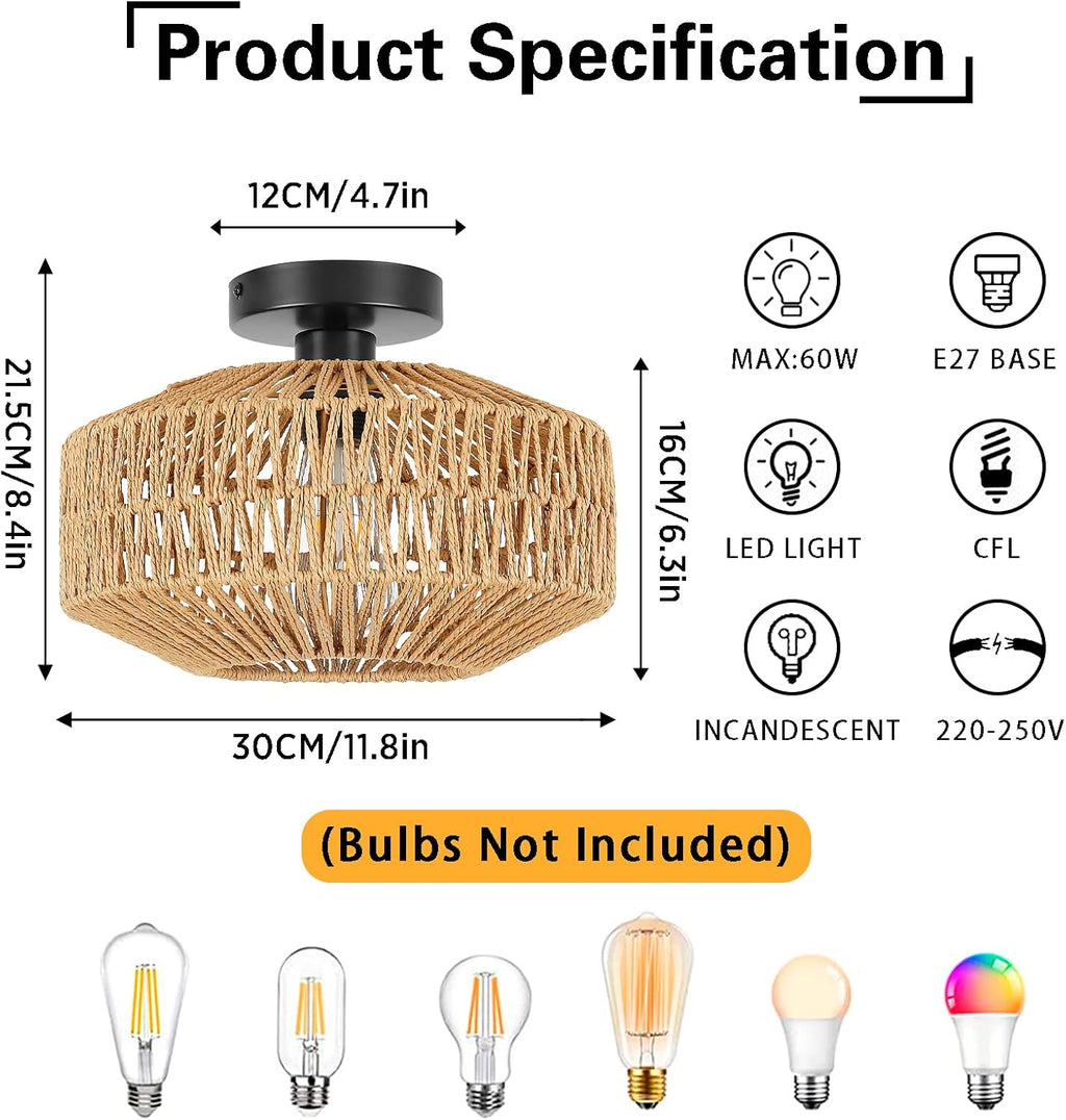 Schindora Boho Rattan Ceiling Light – Rustic Braided Woven Lamp Shade
