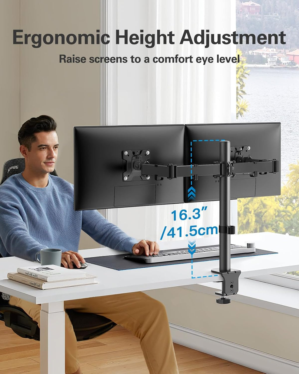 HUANUO Dual Monitor Stand – Heavy Duty Steel Desk Mount for 13-32" Screens