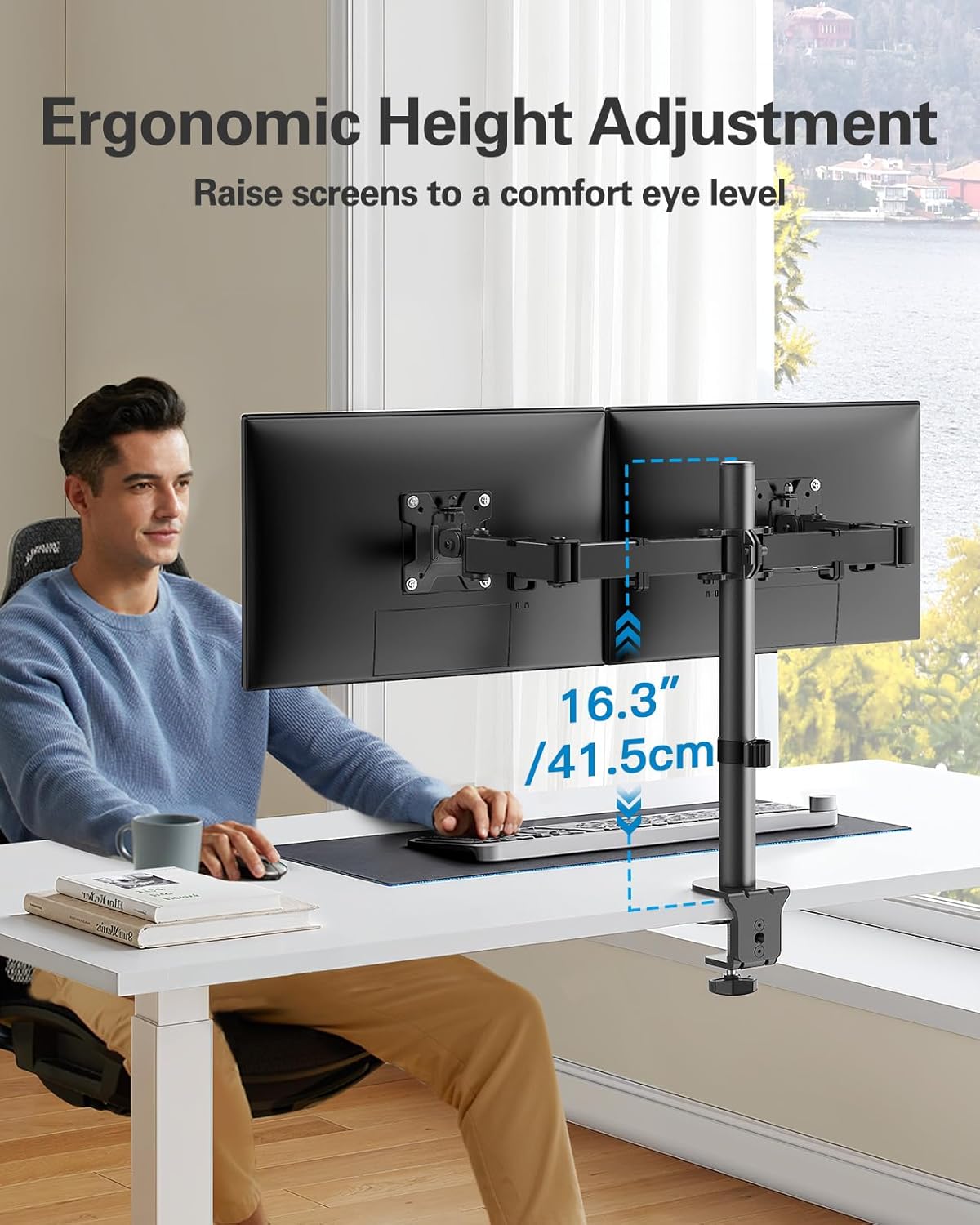 HUANUO Dual Monitor Stand – Heavy Duty Steel Desk Mount for 13-32" Screens