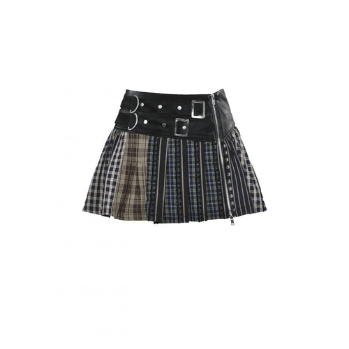 Dark in Love Sage Plaid Patchwork Pleated Mini Skirt with Leather Waist