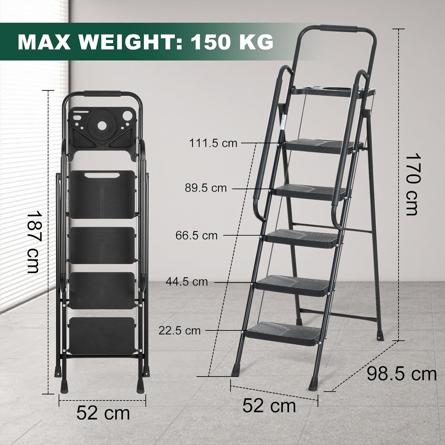 EPROSMIN 5-Step Folding Ladder with Handrails and Tool Tray