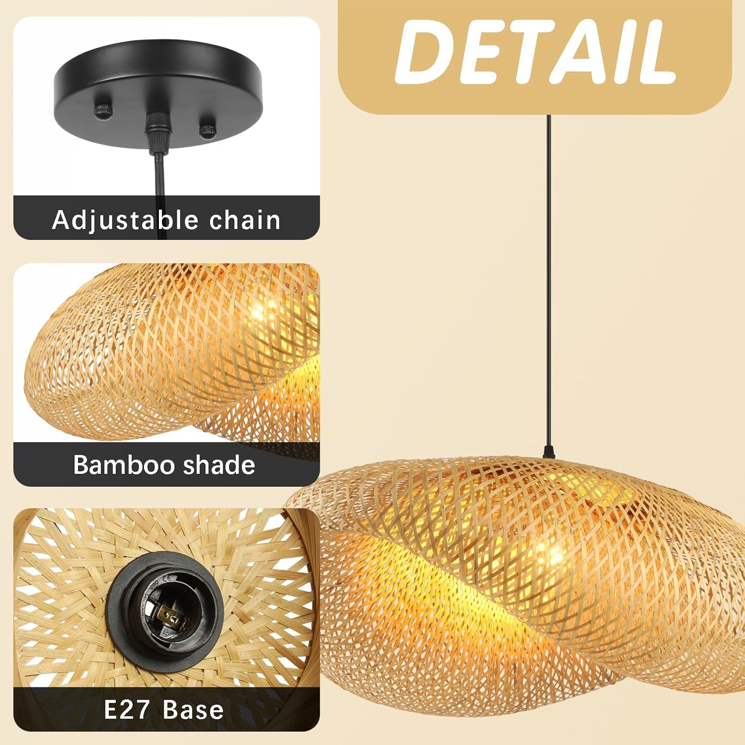 Schindora Bamboo Pendant Light – 40cm Woven Straw Hat Ceiling Lamp