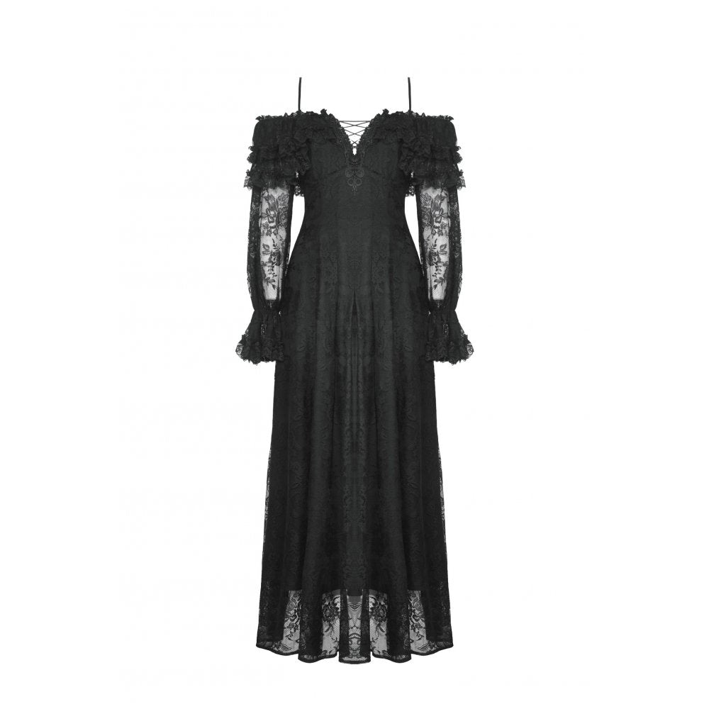 Dark in Love Cosette Gothic Maxi Dress – Lace Ruffle Off-Shoulder