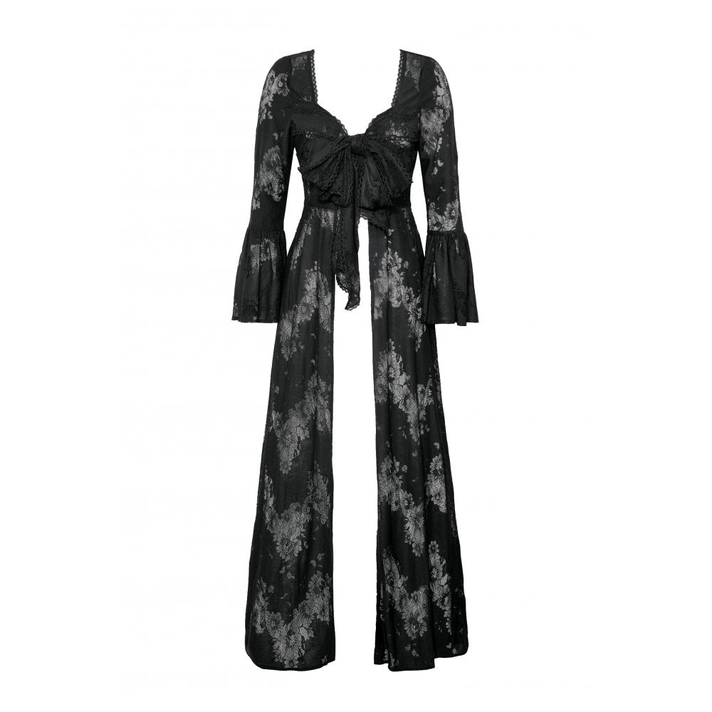 Dark in Love Emersyn Gothic Long Robe – Floral Lace Bell Sleeve