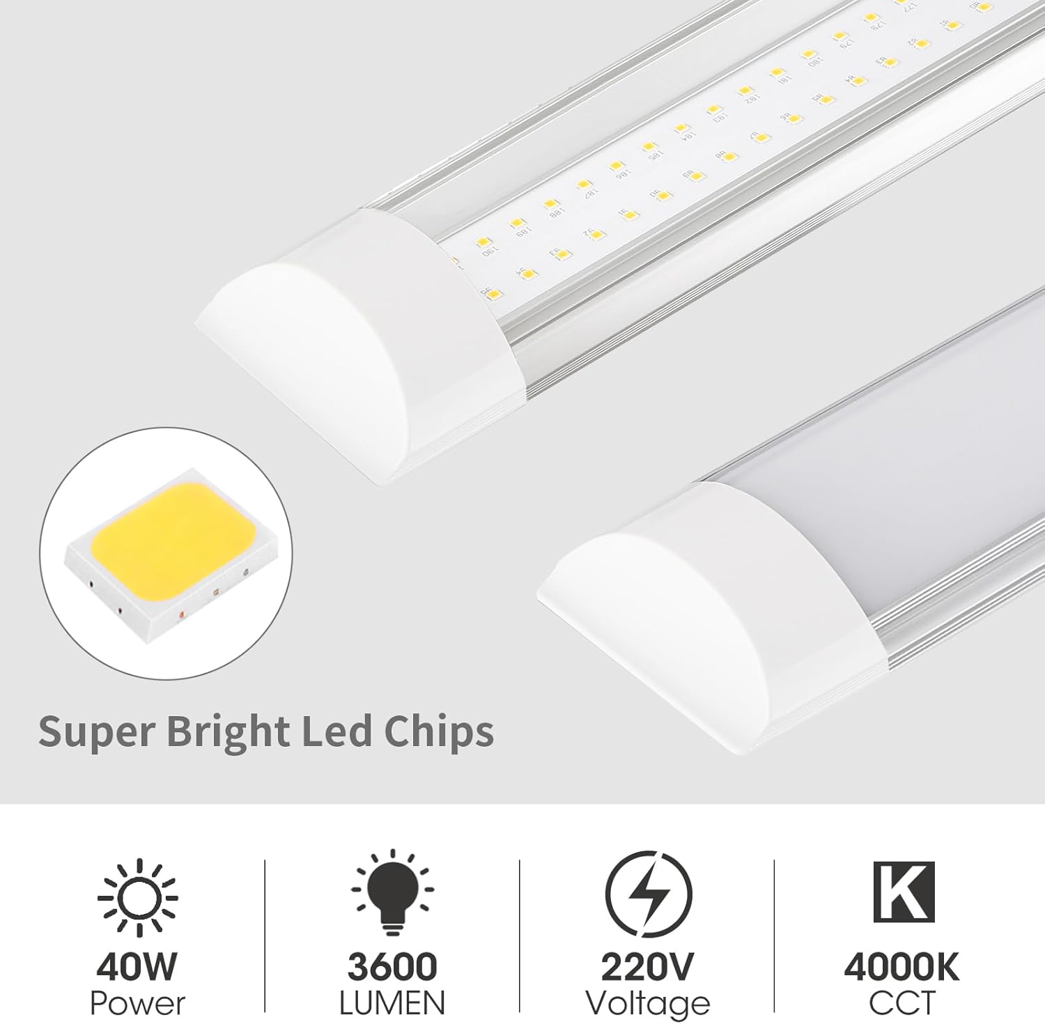 HUMIGA 4FT LED Batten Light 40W 4000K Slim Surface Mount Fitting, 2 Pack