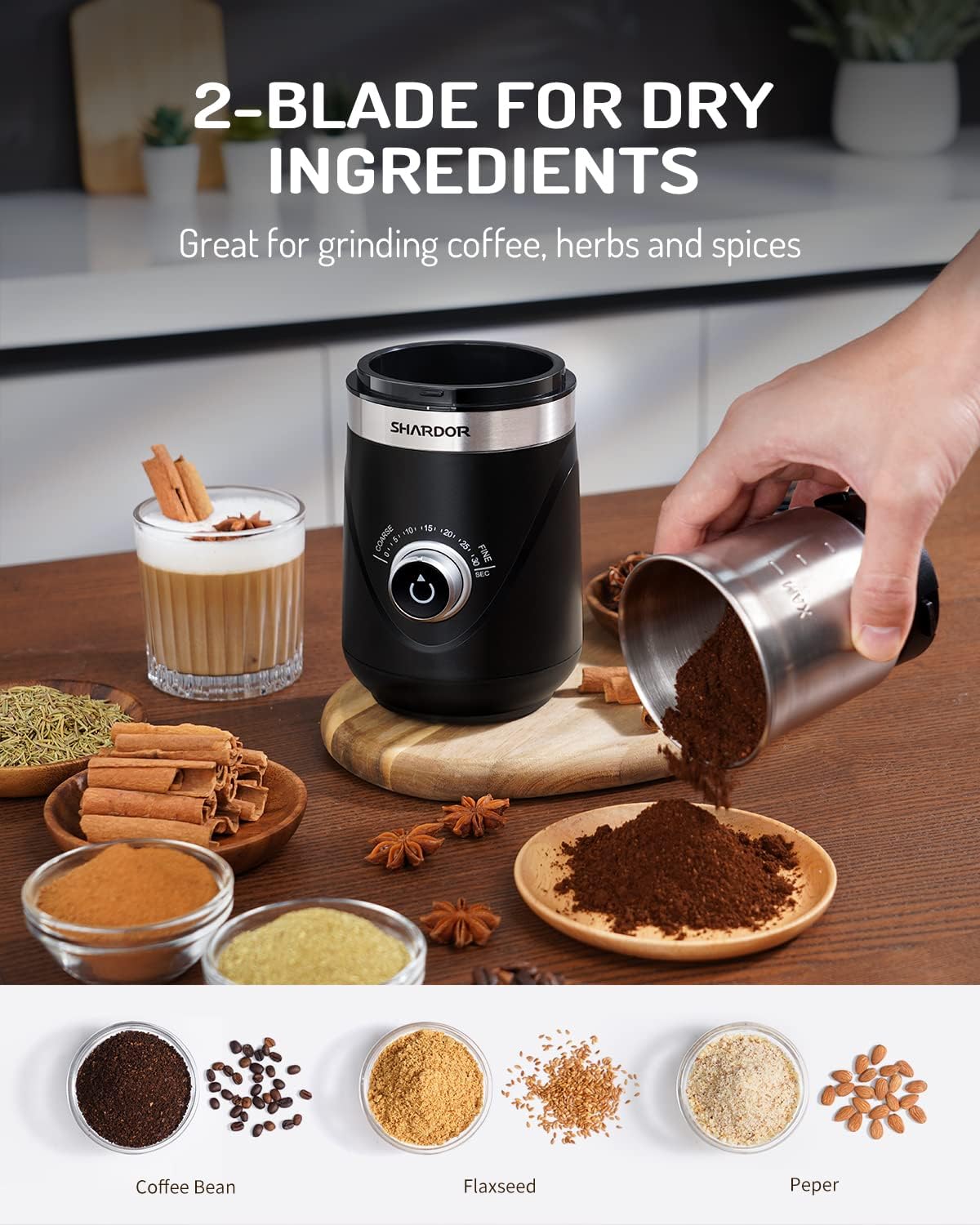 SHARDOR Electric Coffee Grinder - 2 Stainless Steel Cups & Timer