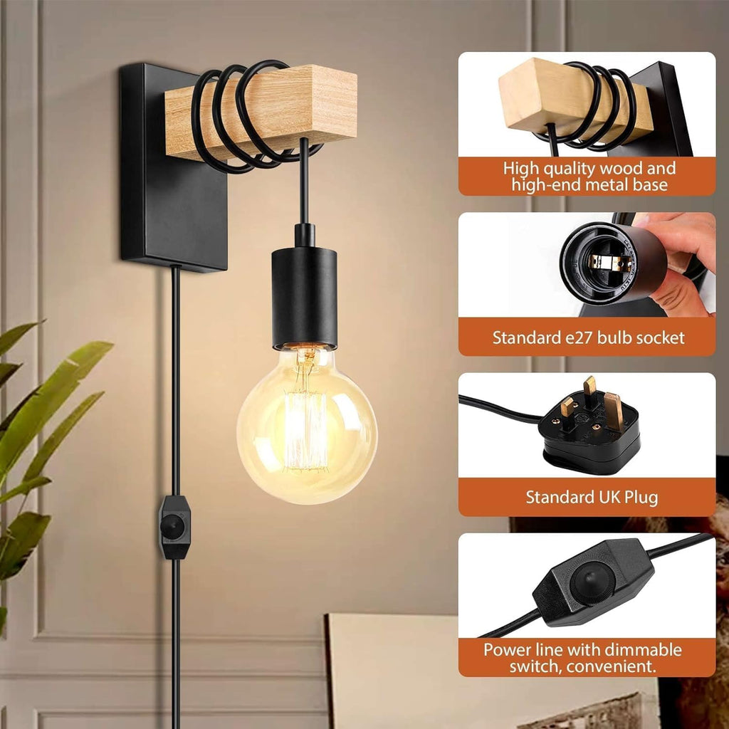 Lightess Dimmable Plug-In Wall Sconces – 2-Pack Black Wood Lighting