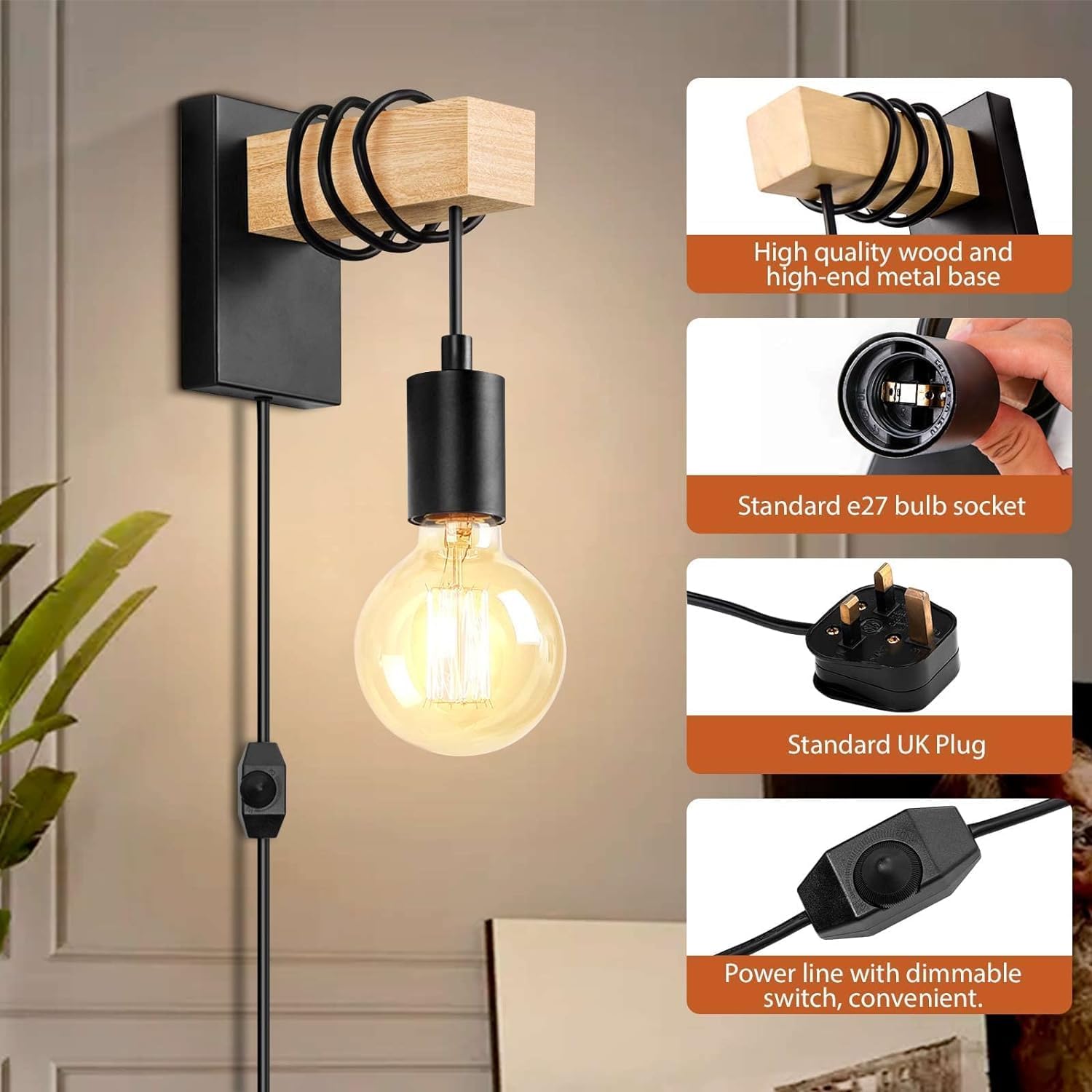 Lightess Dimmable Plug-In Wall Sconces – 2-Pack Black Wood Lighting