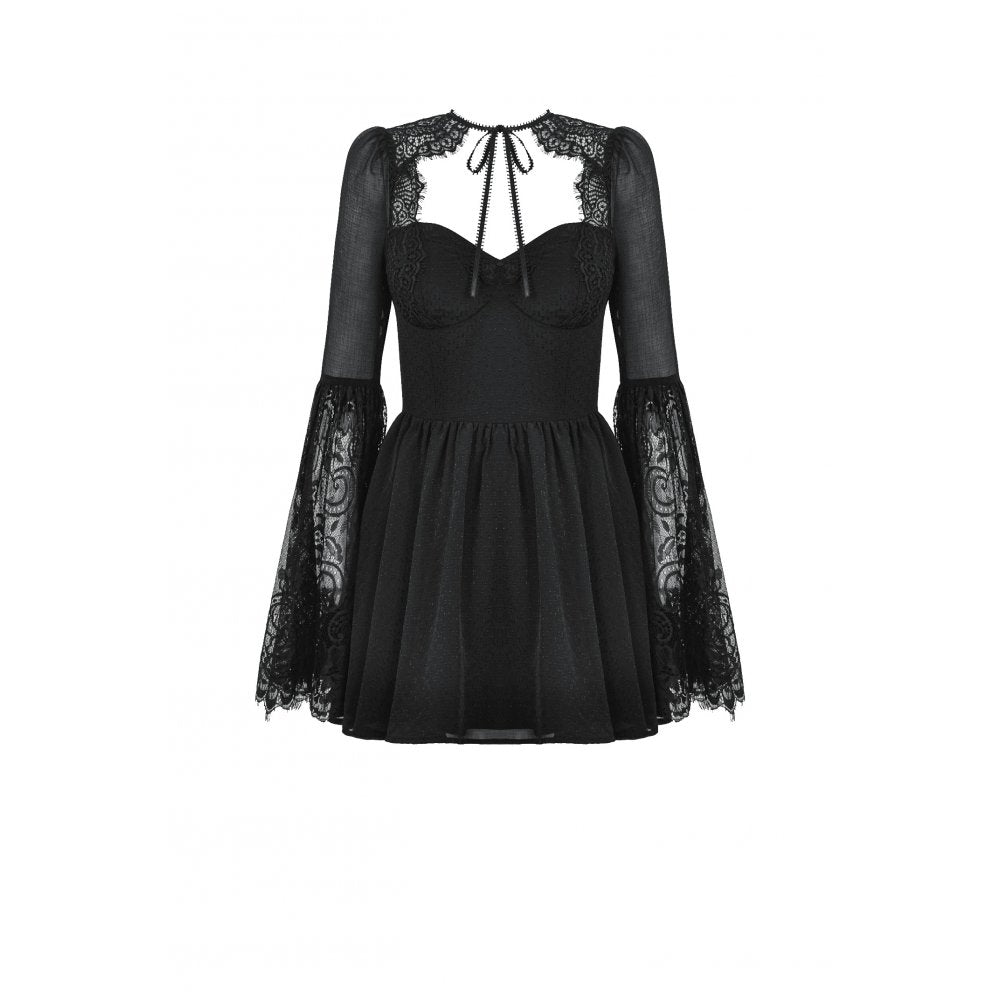 Dark in Love Greta Gothic Lace-Up Mesh Dress – Black Bell Sleeve