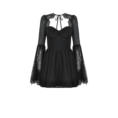 Dark in Love Greta Gothic Lace-Up Mesh Dress – Black Bell Sleeve