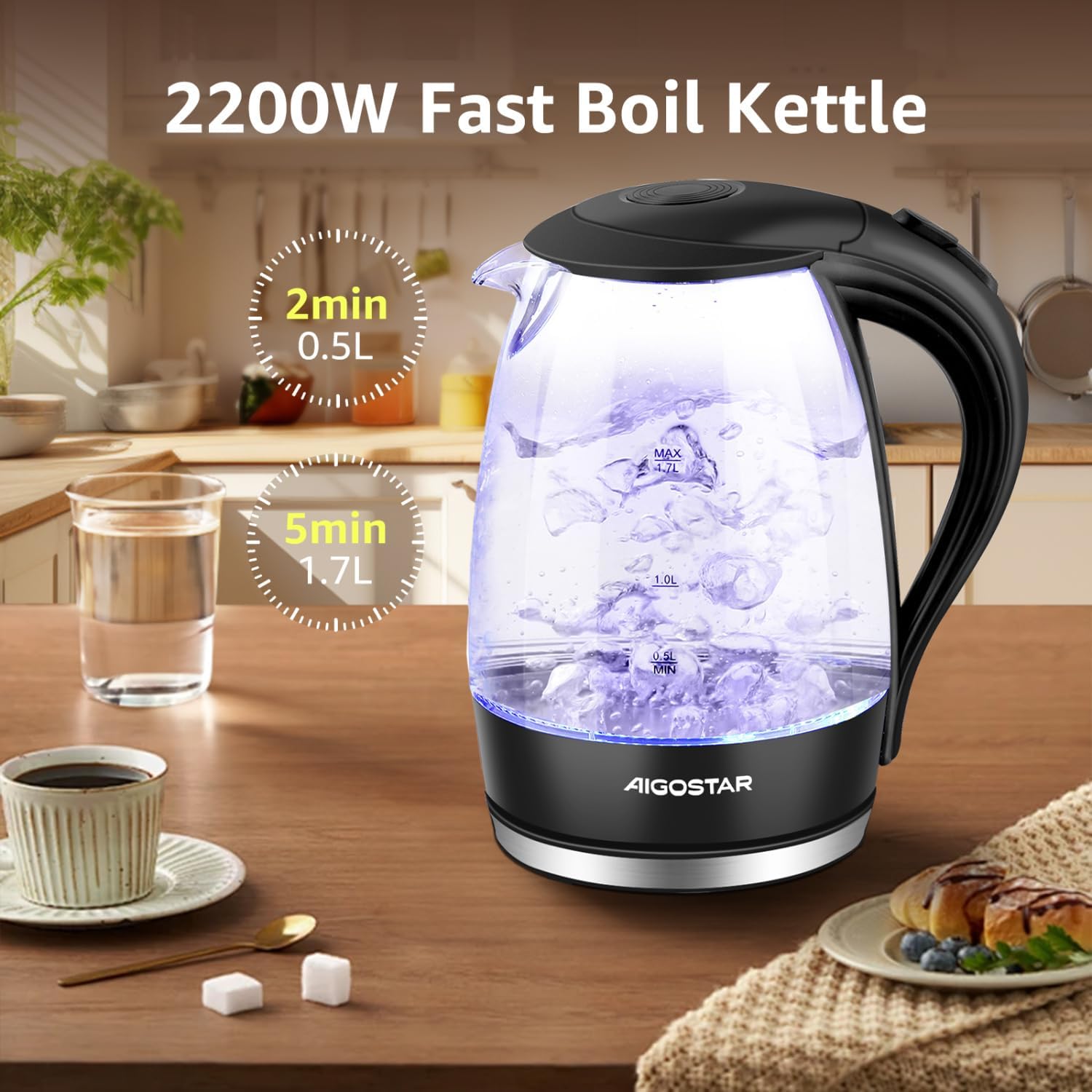 Aigostar 1.7L Glass Electric Kettle | 2200W Fast Boil LED Light