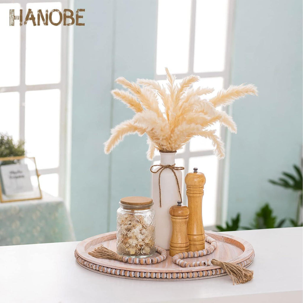 HANOBE 18 Inch Round Wooden Tray | Beaded Boho Coffee Table Centerpiece