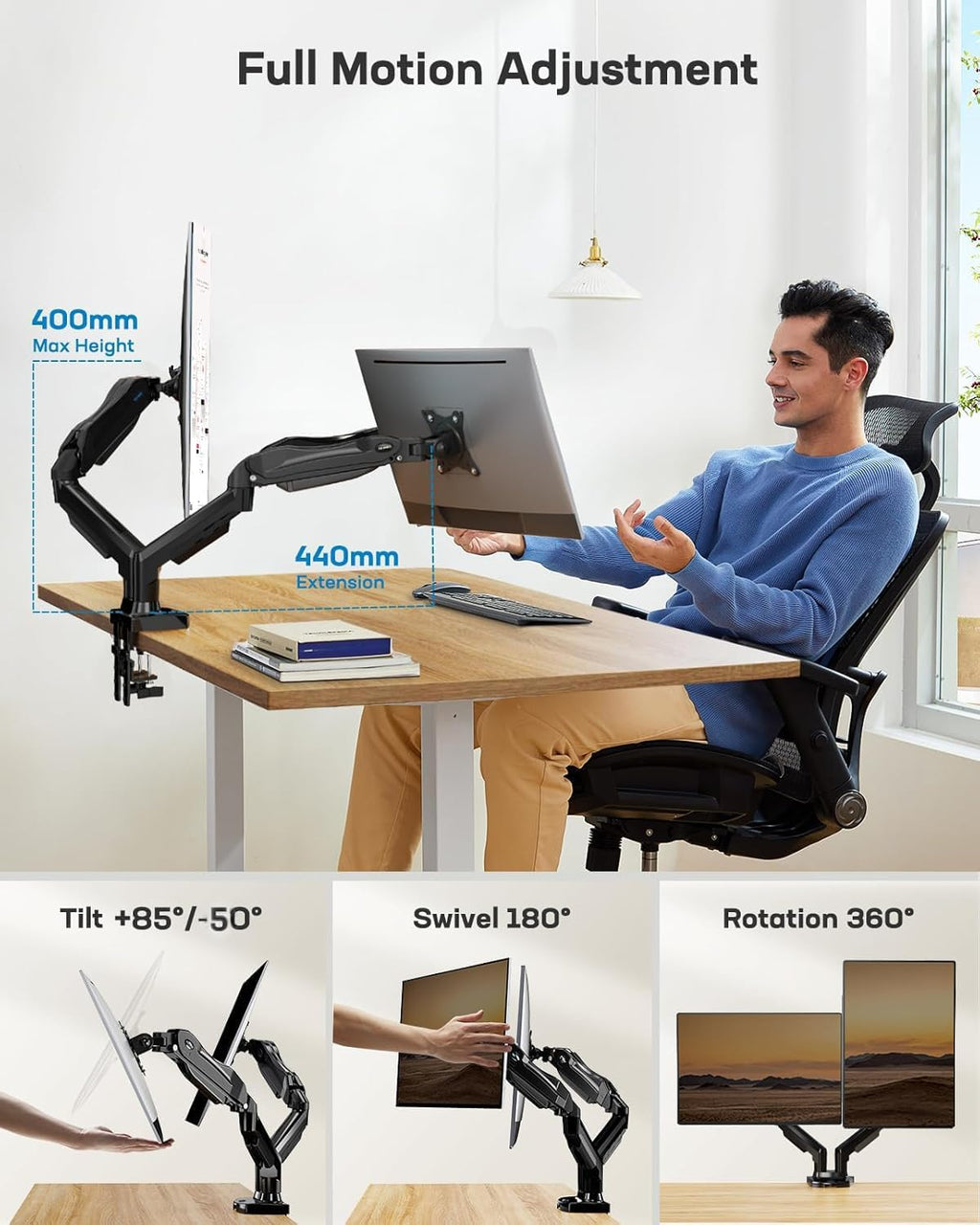 HUANUO Dual Monitor Arm – Gas Spring Desk Mount for 13–32" Screens
