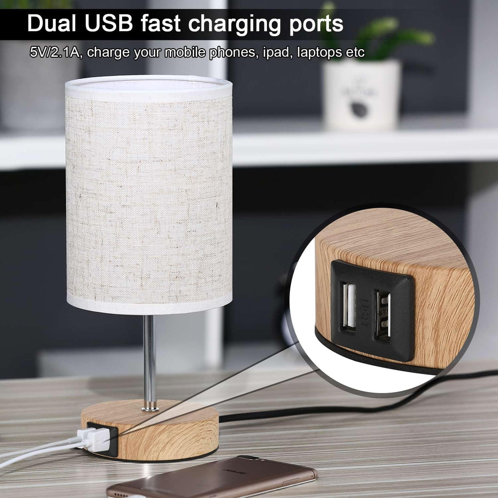 Lightess Touch Bedside Lamps - Set of 2 Dimmable Wood USB Table Lamps