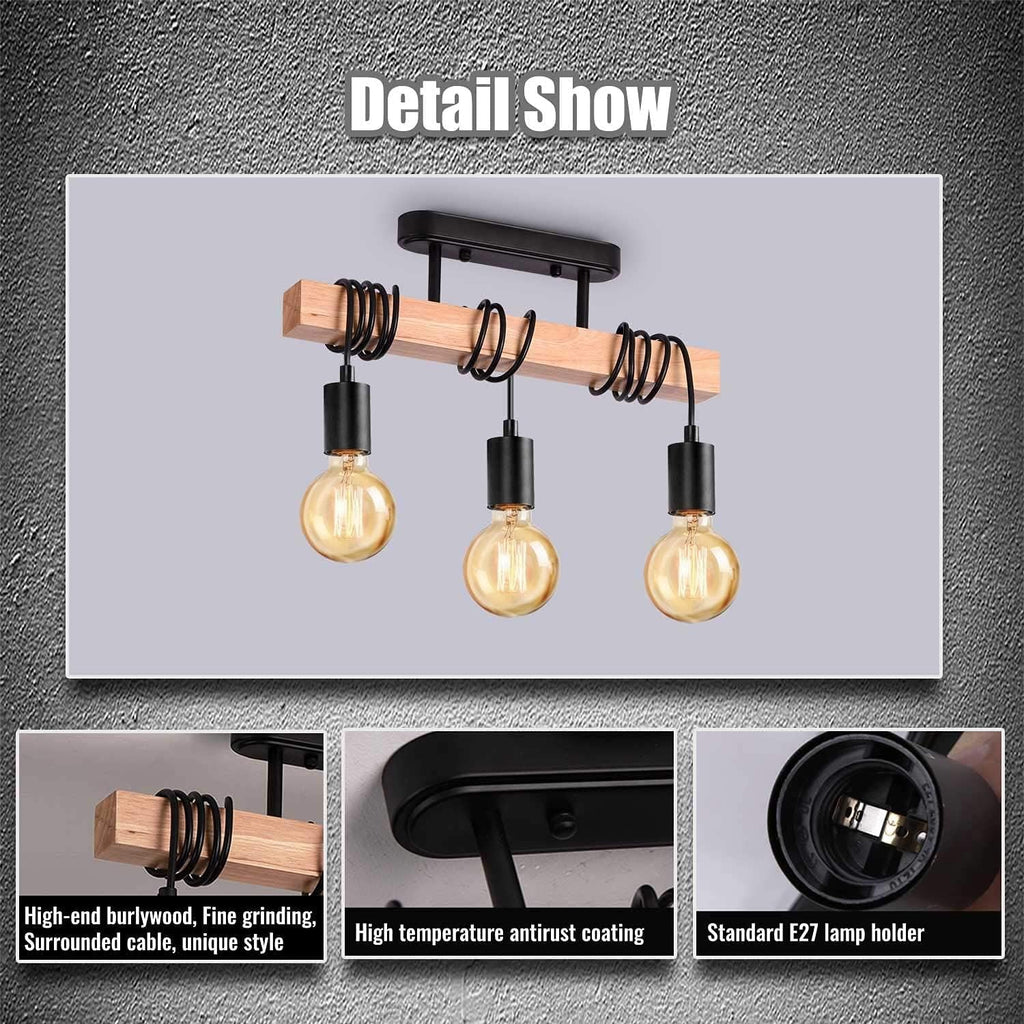 Lightess 3-Head Wood Pendant Light – Vintage Industrial Ceiling Fixture
