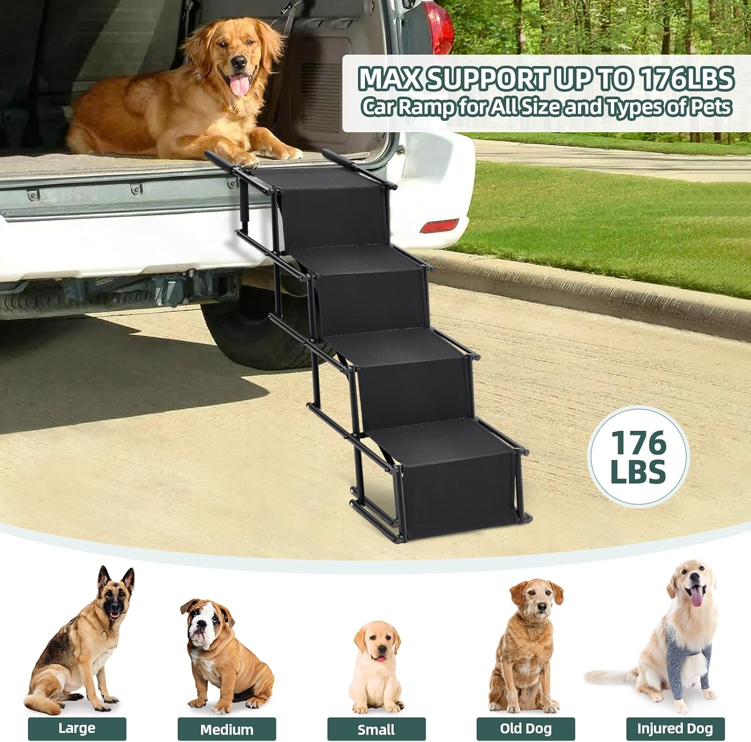 Fellie Foldable Dog Ramp – Adjustable Non-Slip Pet Steps for Cars, 176lbs