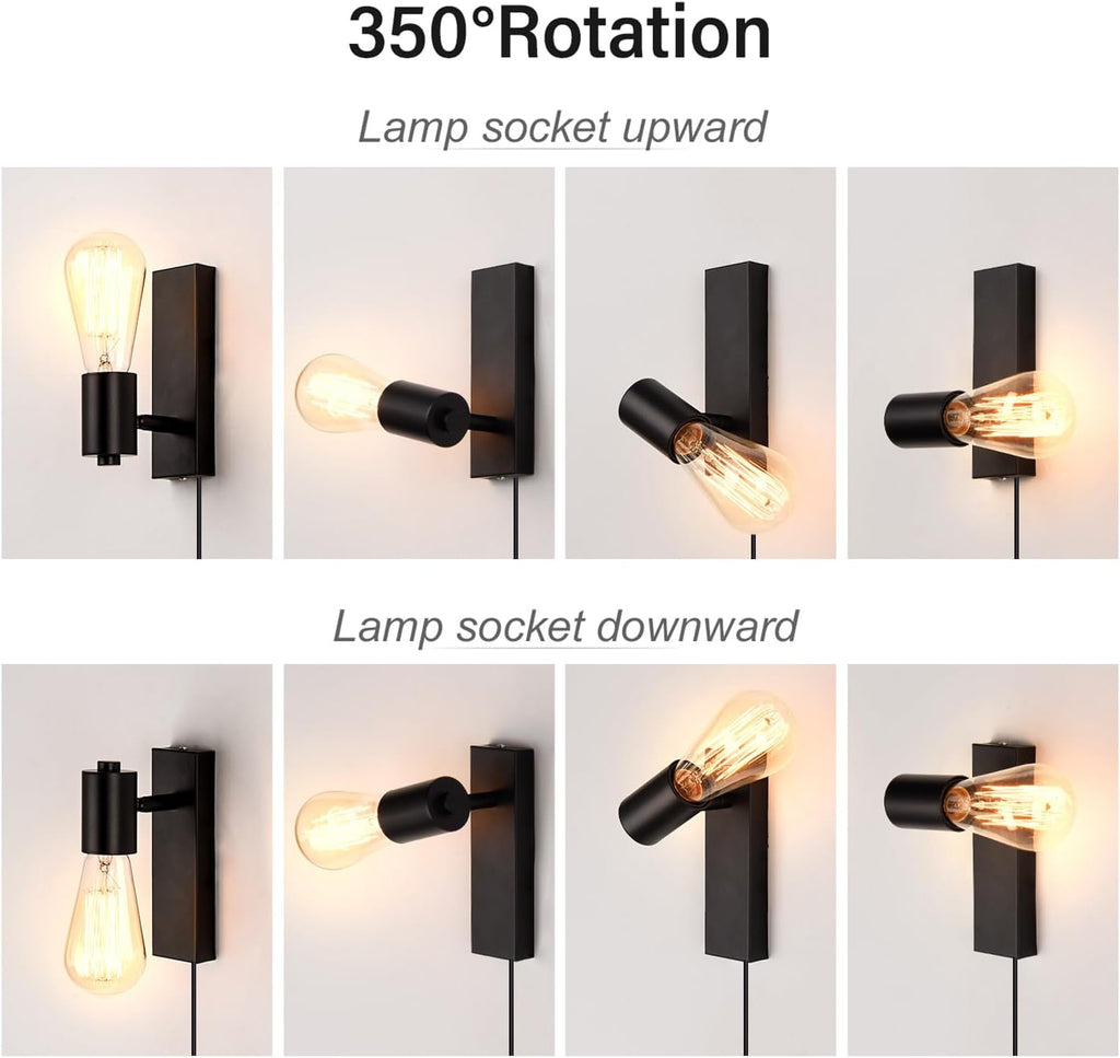 Lightsjoy 2-Pack Rotatable Industrial Plug-In Wall Sconces – Black E27