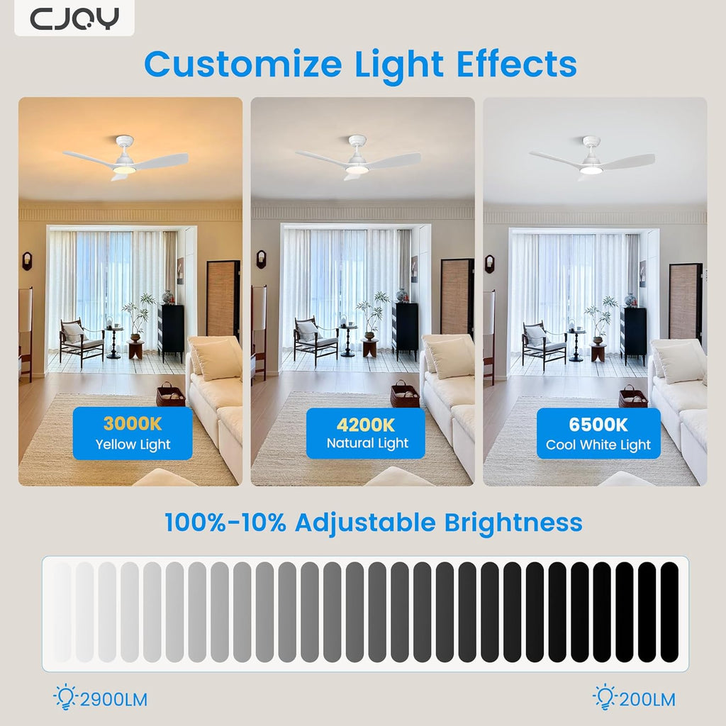 CJOY 42" White Ceiling Fan with Dimmable LED Light and Remote Control