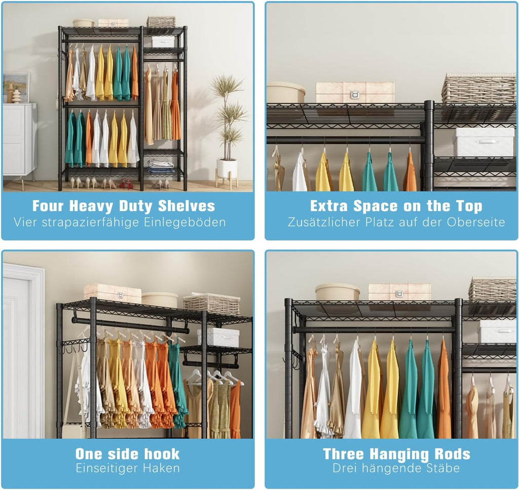 KZOBYD Heavy Duty Metal Clothes Rack | 3 Rods & 4 Adjustable Shelves
