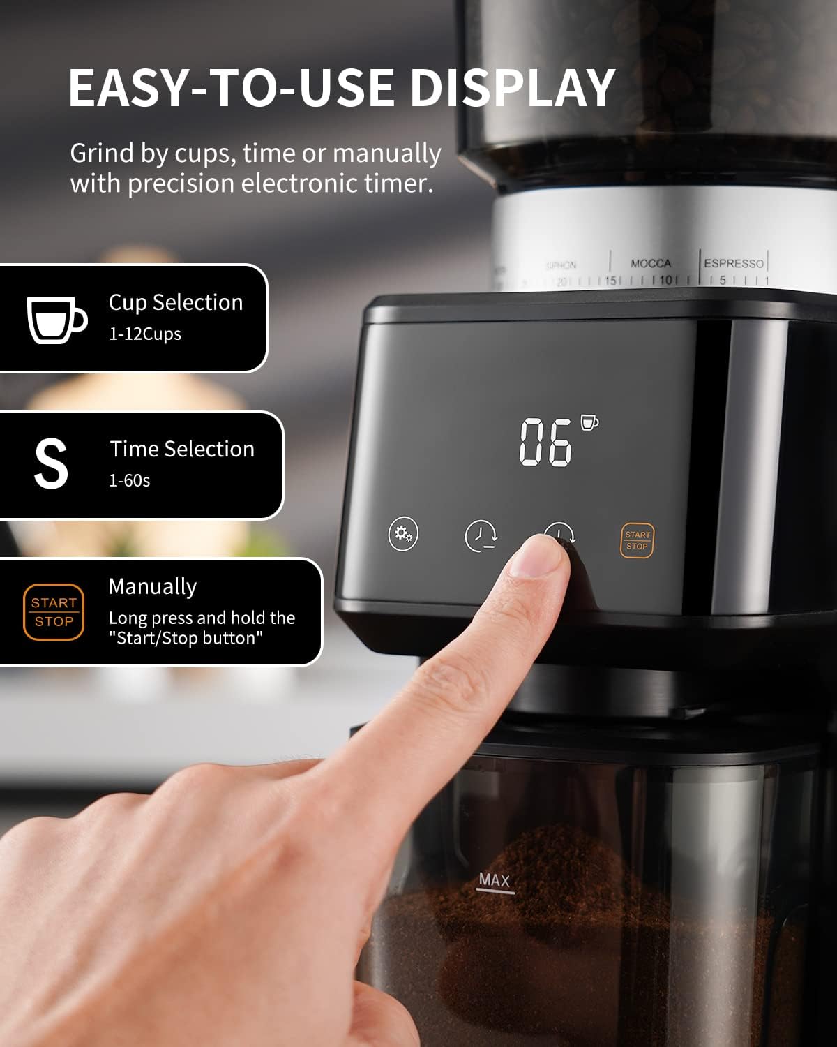 Shardor Electric Conical Burr Coffee Grinder - 51 Settings & Timer