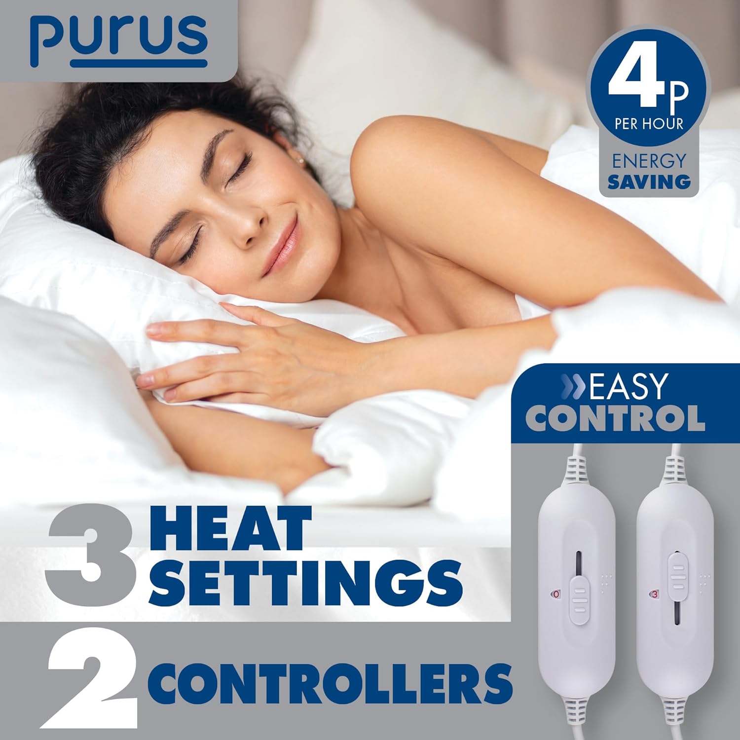 Purus Double Electric Blanket | Dual Control 3 Heat Settings Polyester