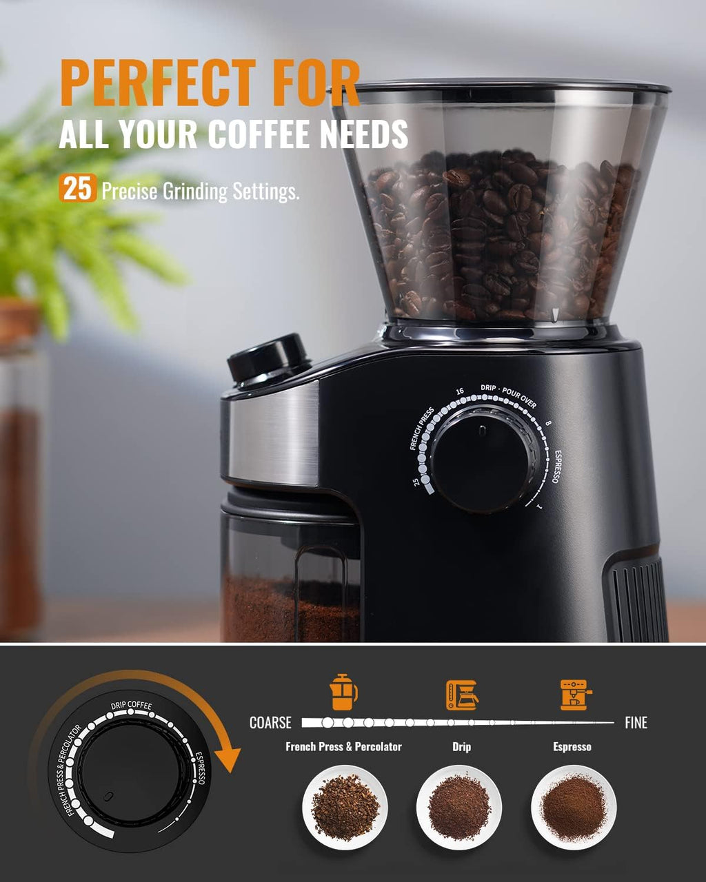 Shardor Electric Burr Coffee Grinder – 25 Settings & Digital Timer