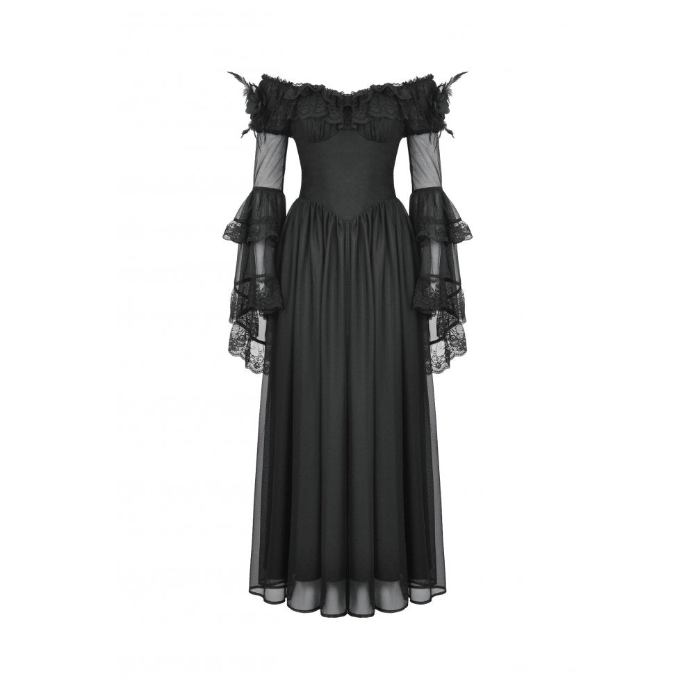 Dark in Love Millicent Black Tulle Feather Gothic Dress with Lace