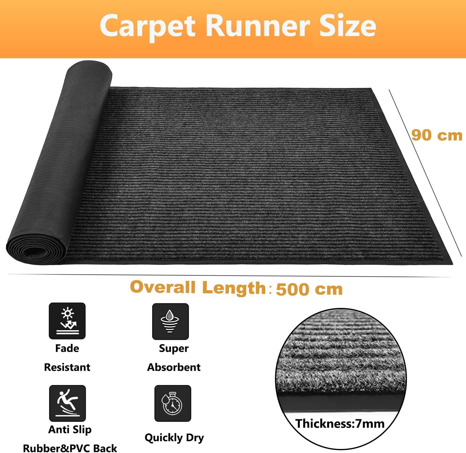 Nisorpa Hallway Runner Rug 90x500cm – Non-Slip Washable Dirt Trapper
