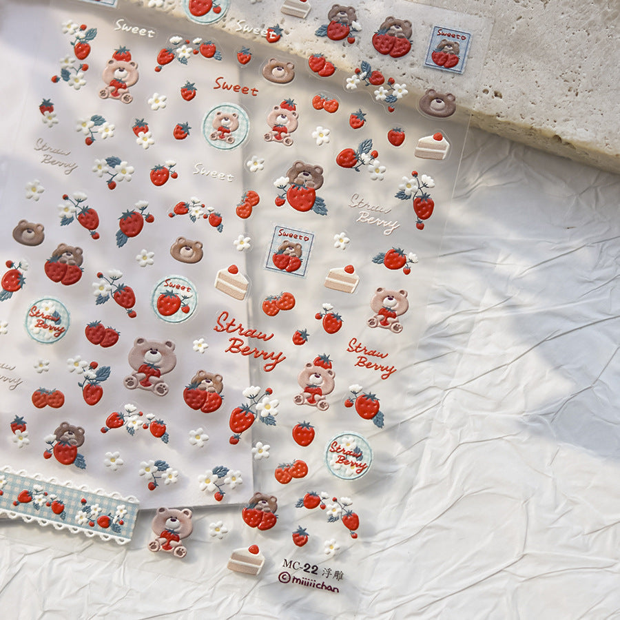 Strawberry Bear 5D Nail Deco Stickers | LuLuFun Studio Art Decals
