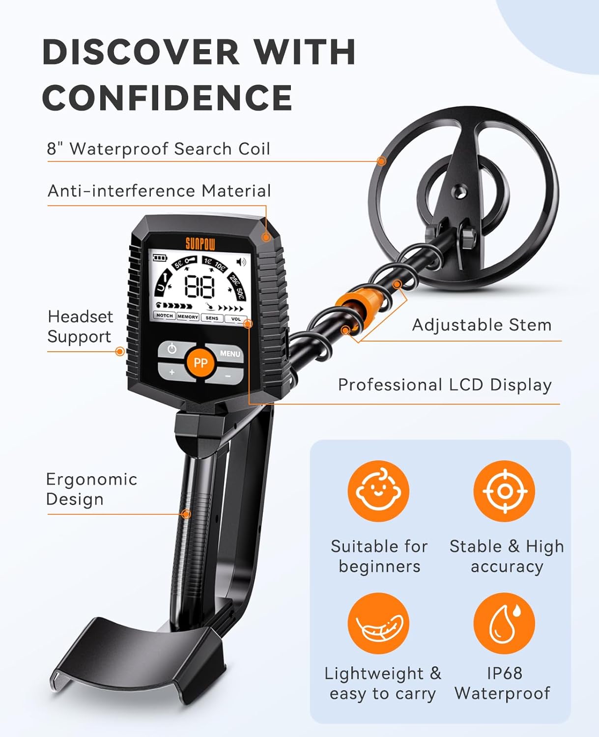 SUNPOW Metal Detector - Waterproof Gold Detector with 4 Modes & LCD